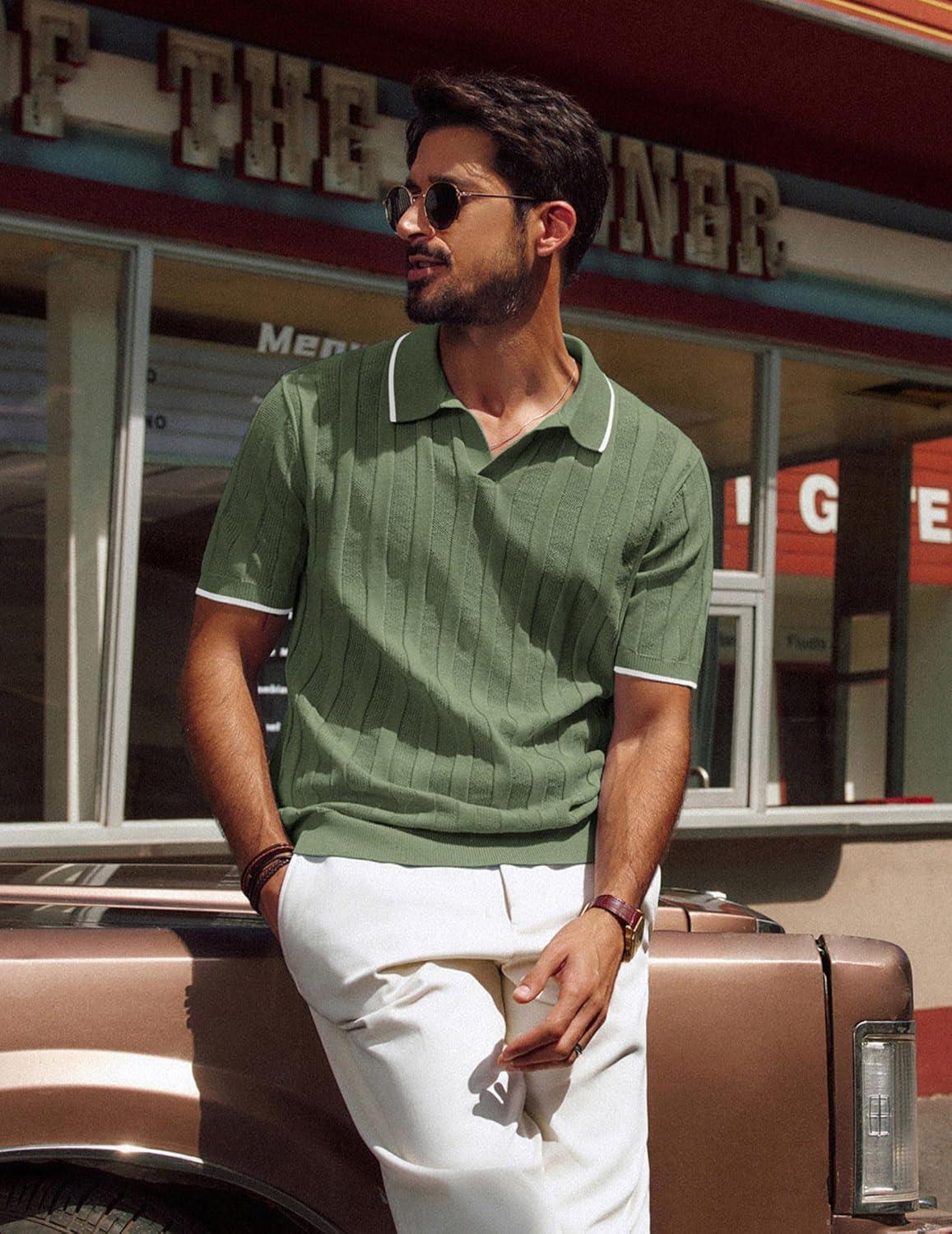 imagePJ PAUL JONES Mens Polo Shirts Regular Fit Textured VNeck Knit Golf PolosArmy Green Contrast