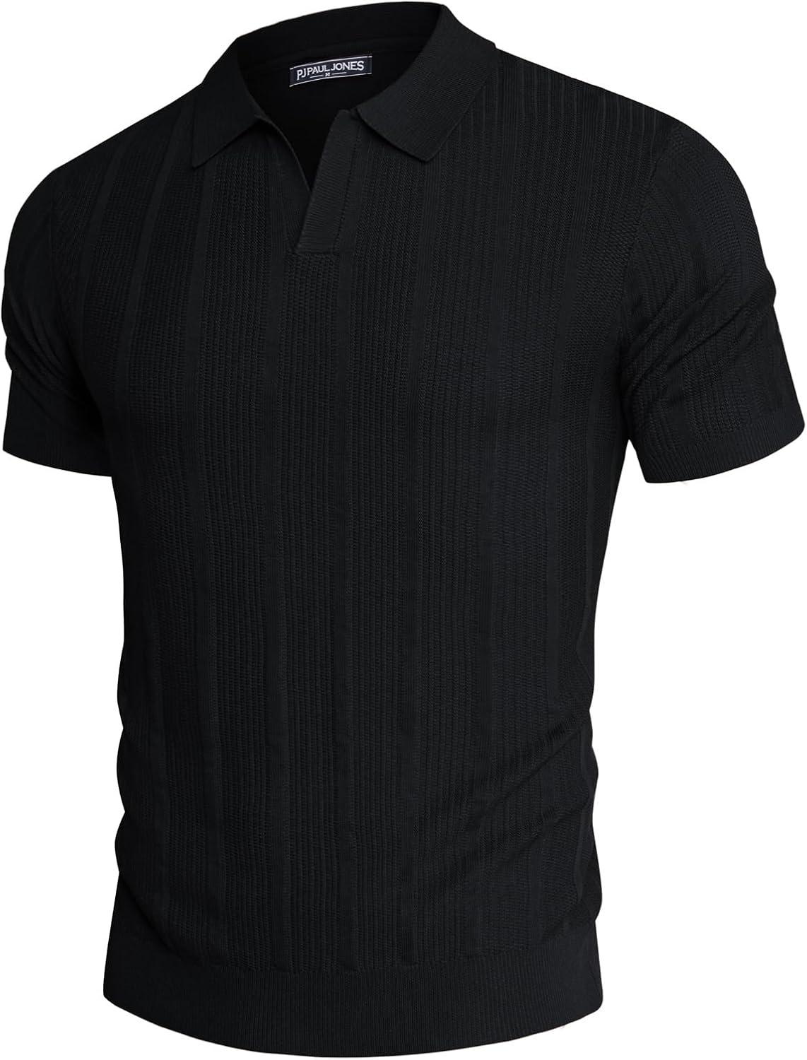 imagePJ PAUL JONES Mens Polo Shirts Regular Fit Textured VNeck Knit Golf PolosBlack