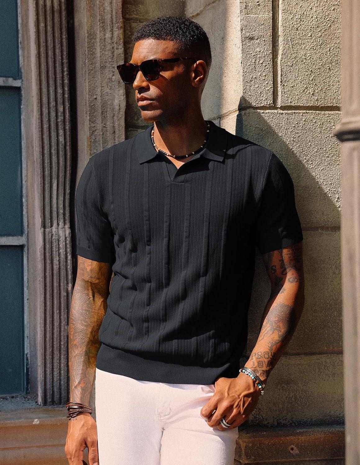 imagePJ PAUL JONES Mens Polo Shirts Regular Fit Textured VNeck Knit Golf PolosBlack