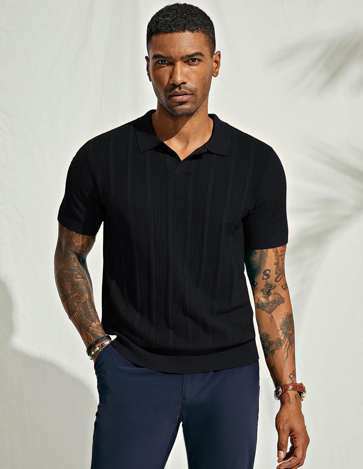 imagePJ PAUL JONES Mens Polo Shirts Regular Fit Textured VNeck Knit Golf PolosBlack