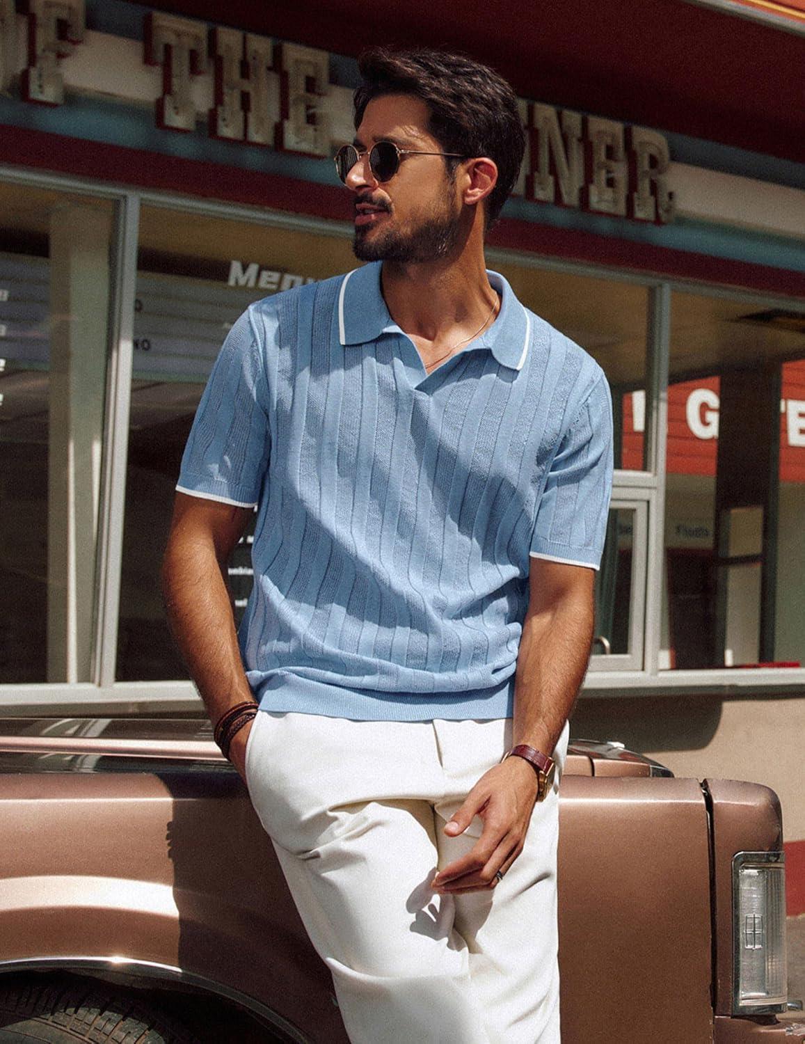 imagePJ PAUL JONES Mens Polo Shirts Regular Fit Textured VNeck Knit Golf PolosBlue Grey Contrast