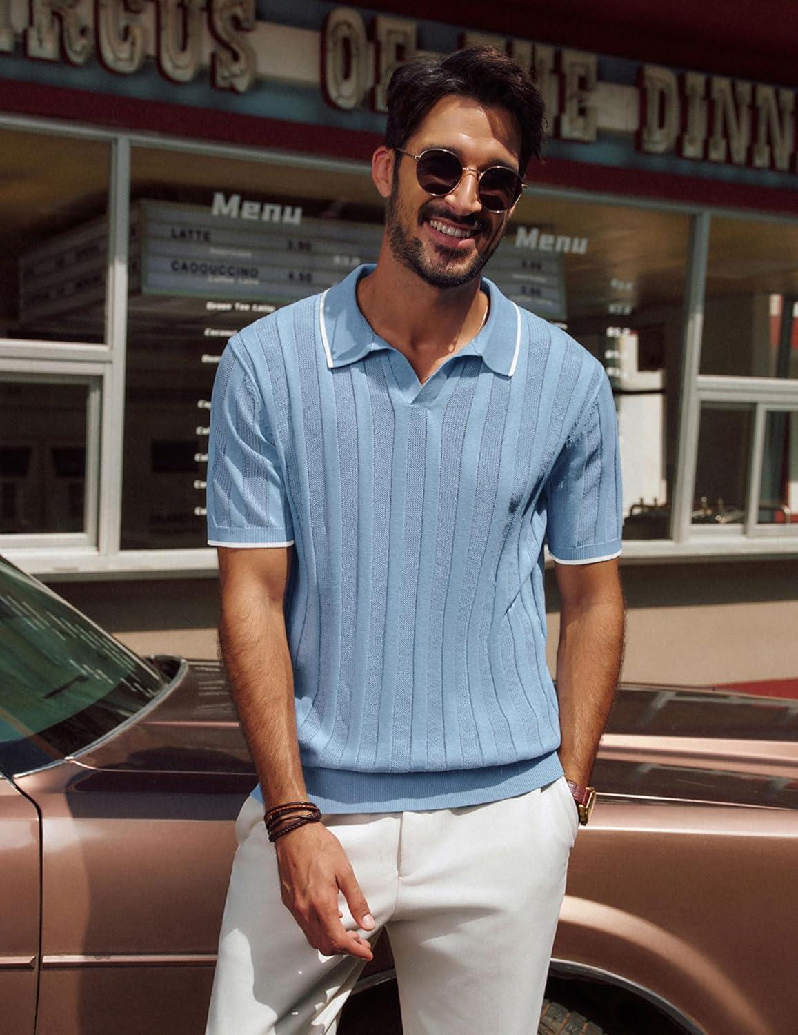 imagePJ PAUL JONES Mens Polo Shirts Regular Fit Textured VNeck Knit Golf PolosBlue Grey Contrast