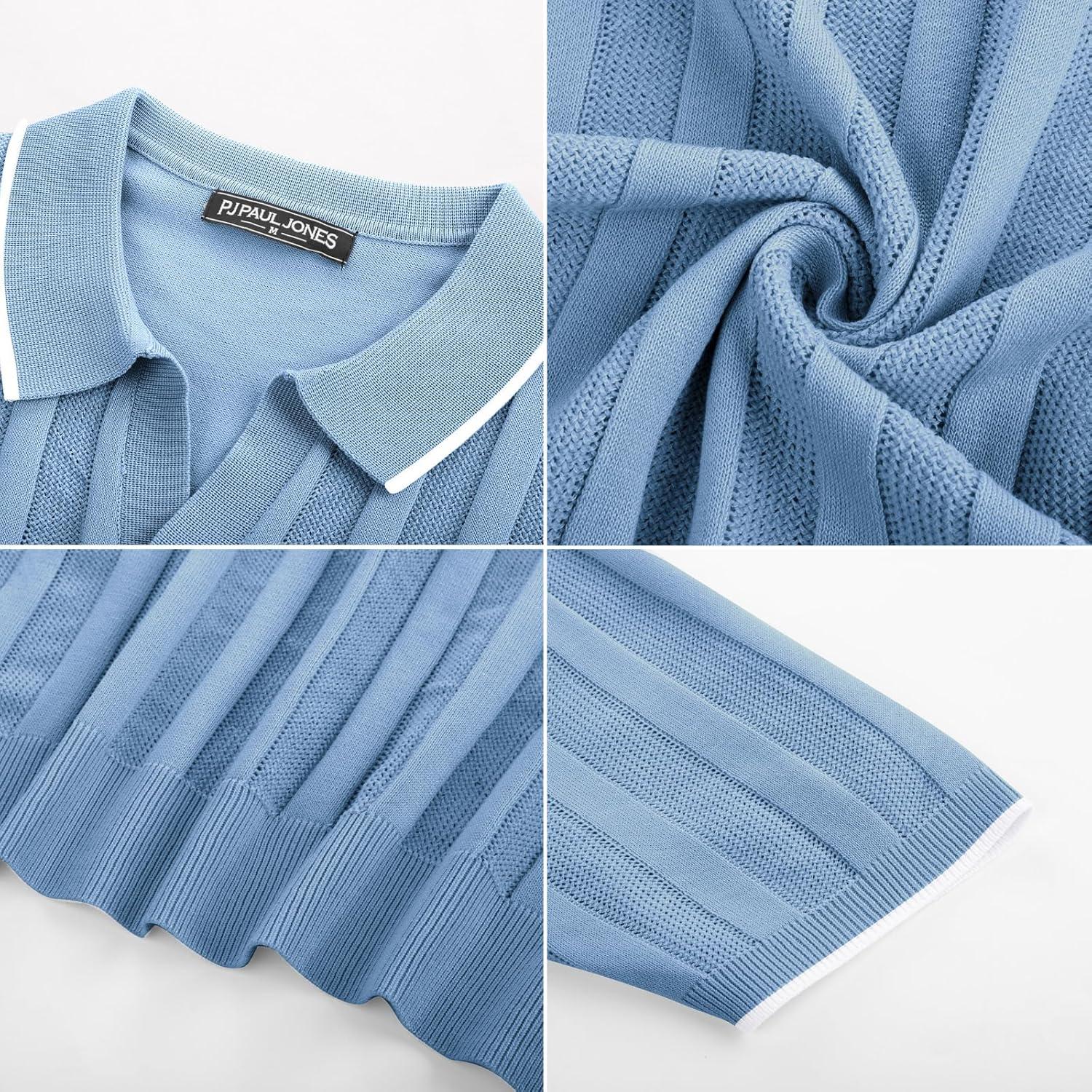 imagePJ PAUL JONES Mens Polo Shirts Regular Fit Textured VNeck Knit Golf PolosBlue Grey Contrast