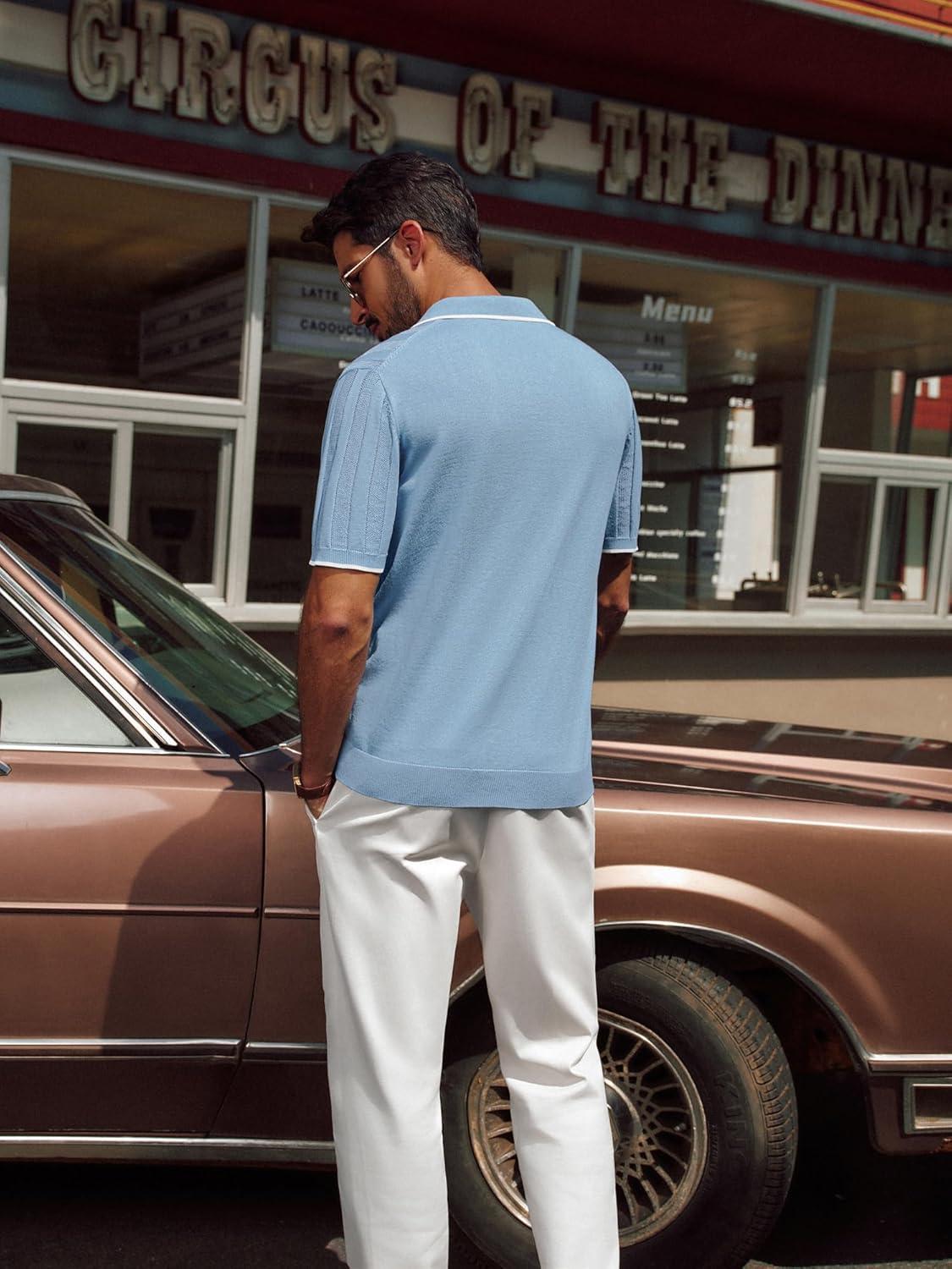 imagePJ PAUL JONES Mens Polo Shirts Regular Fit Textured VNeck Knit Golf PolosBlue Grey Contrast