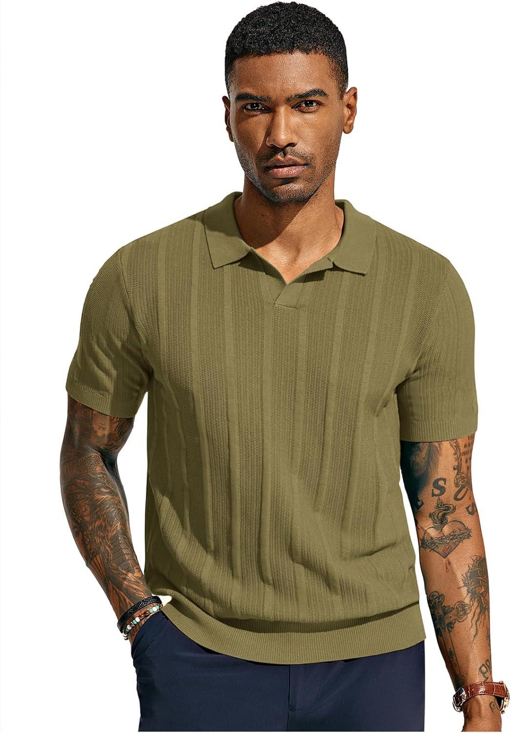 imagePJ PAUL JONES Mens Polo Shirts Regular Fit Textured VNeck Knit Golf PolosDark Camel