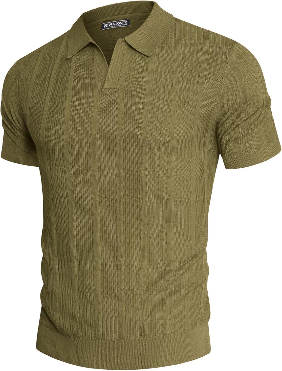 imagePJ PAUL JONES Mens Polo Shirts Regular Fit Textured VNeck Knit Golf PolosDark Camel