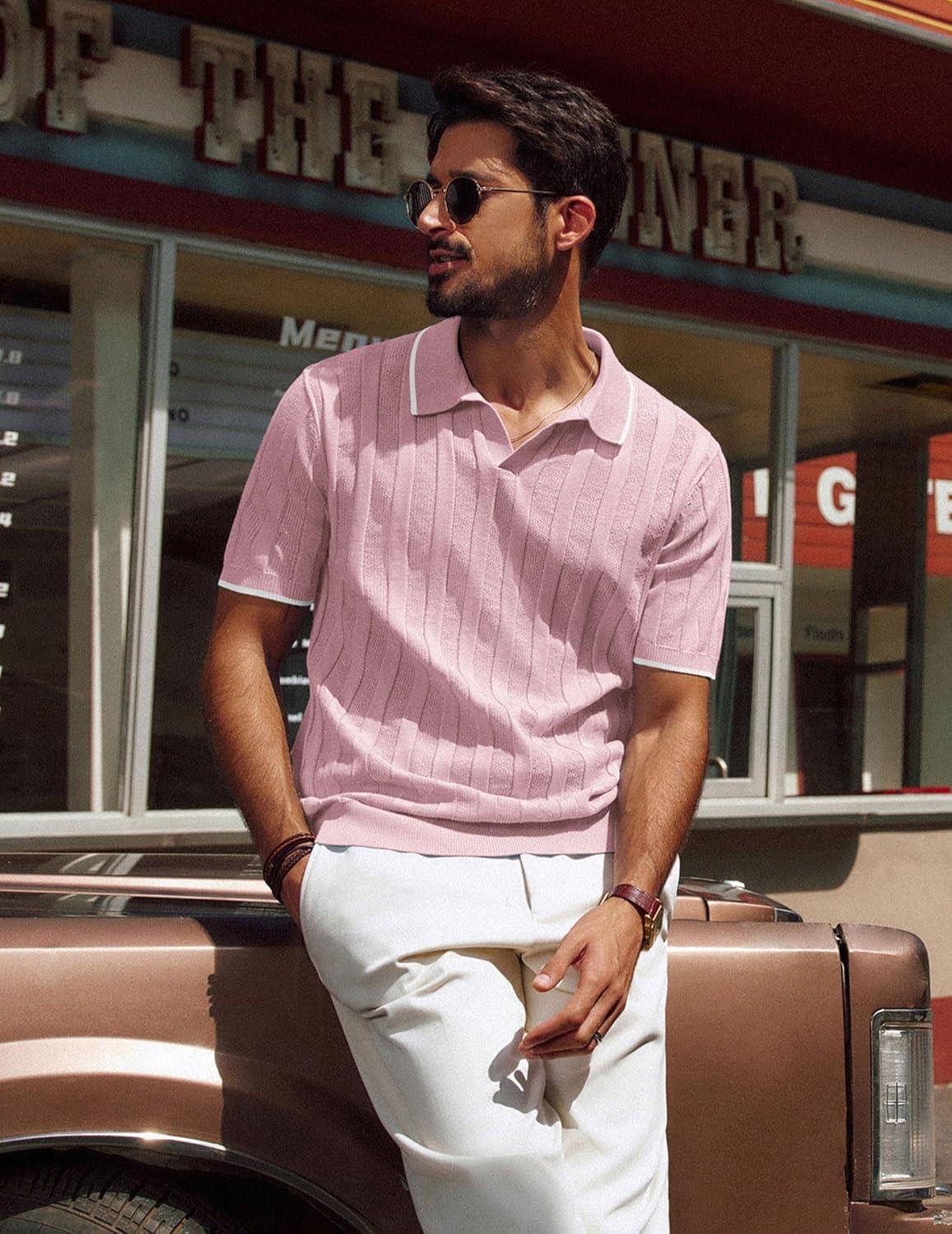 imagePJ PAUL JONES Mens Polo Shirts Regular Fit Textured VNeck Knit Golf PolosLeather Pink Contrast