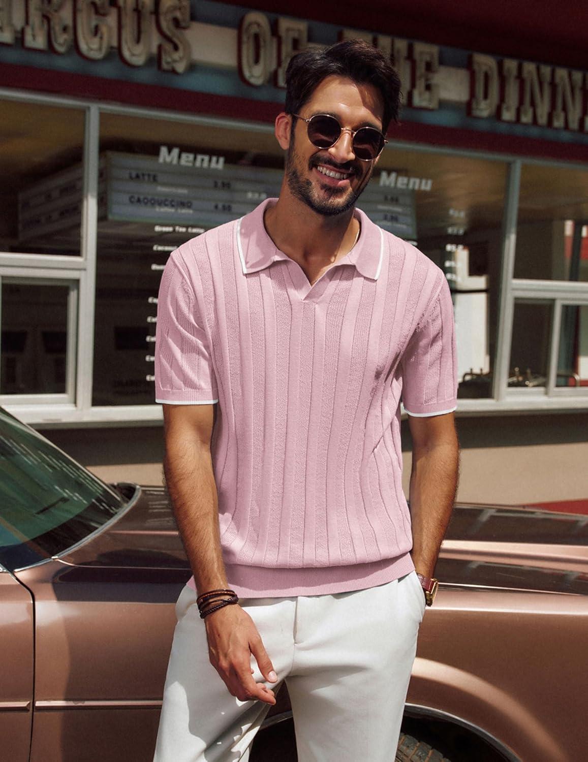 imagePJ PAUL JONES Mens Polo Shirts Regular Fit Textured VNeck Knit Golf PolosLeather Pink Contrast
