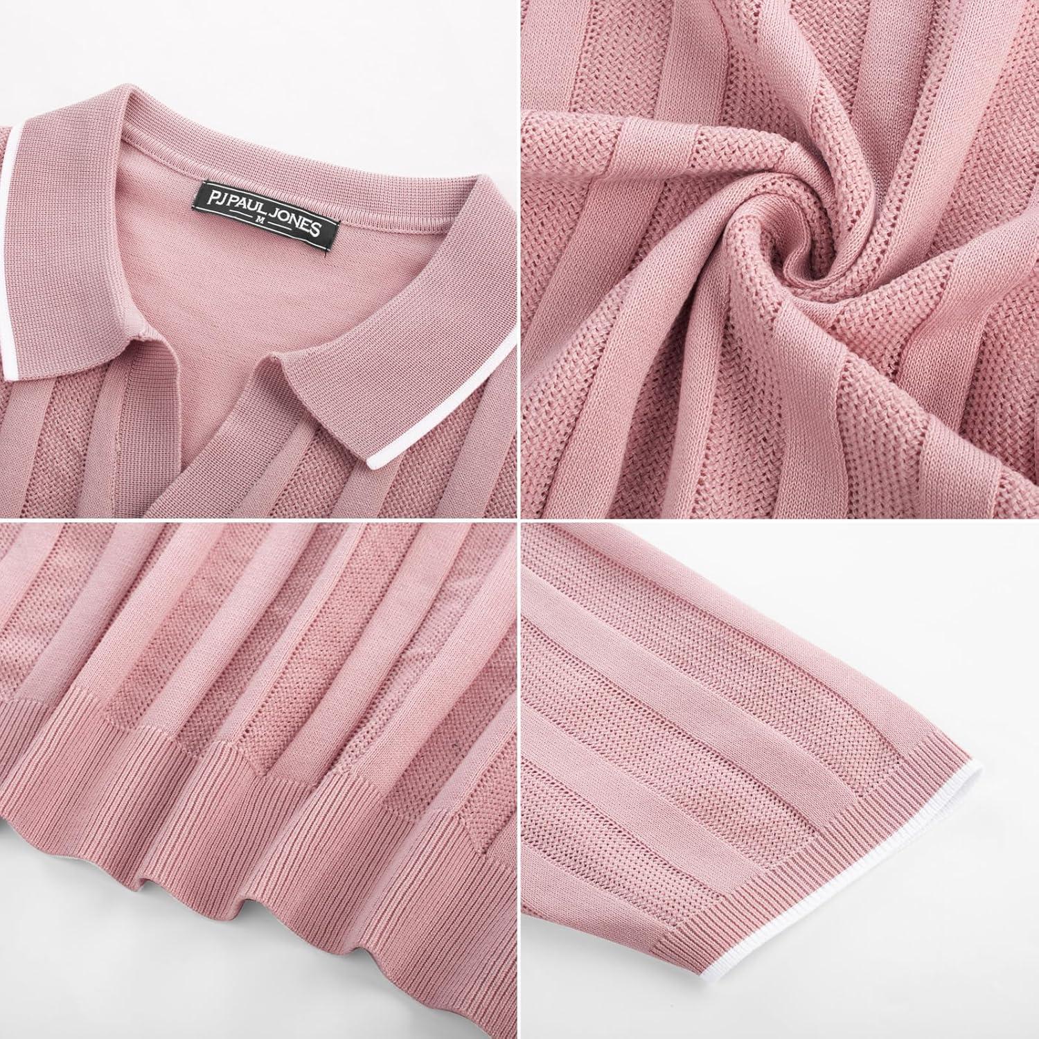 imagePJ PAUL JONES Mens Polo Shirts Regular Fit Textured VNeck Knit Golf PolosLeather Pink Contrast