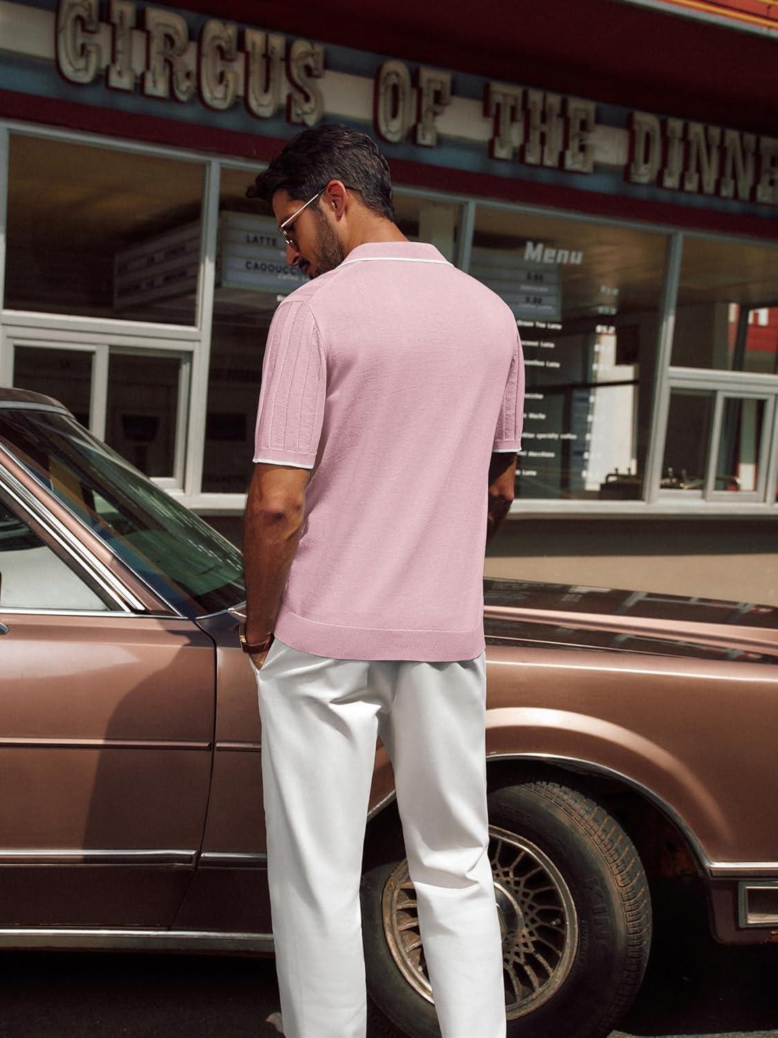 imagePJ PAUL JONES Mens Polo Shirts Regular Fit Textured VNeck Knit Golf PolosLeather Pink Contrast