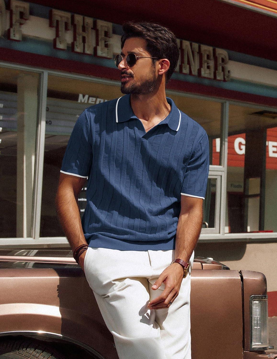 imagePJ PAUL JONES Mens Polo Shirts Regular Fit Textured VNeck Knit Golf PolosNavy Blue Contrast