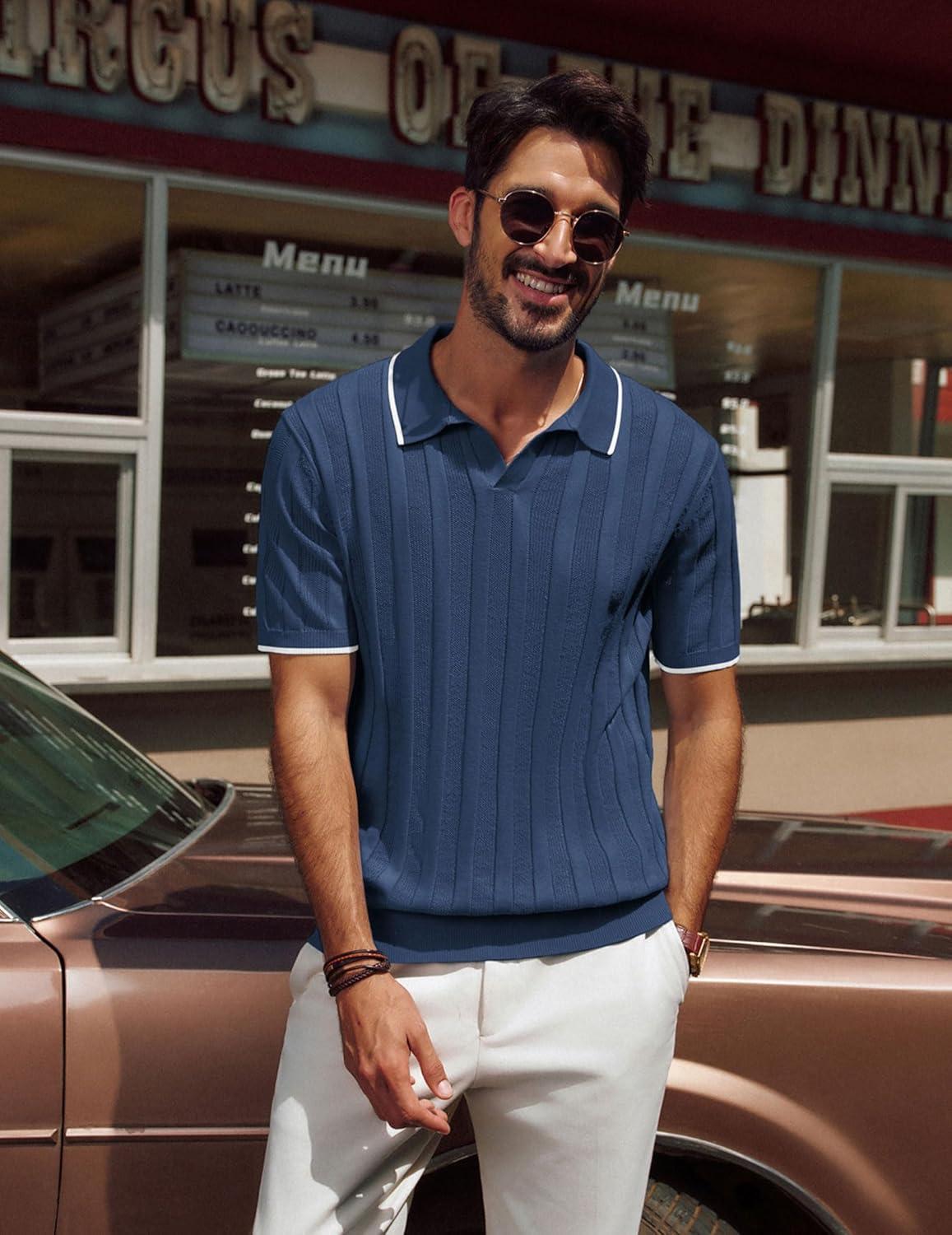 imagePJ PAUL JONES Mens Polo Shirts Regular Fit Textured VNeck Knit Golf PolosNavy Blue Contrast