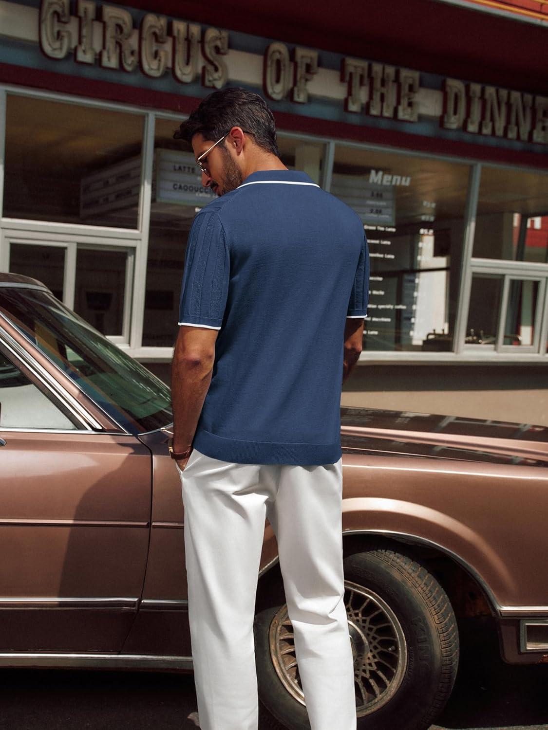 imagePJ PAUL JONES Mens Polo Shirts Regular Fit Textured VNeck Knit Golf PolosNavy Blue Contrast