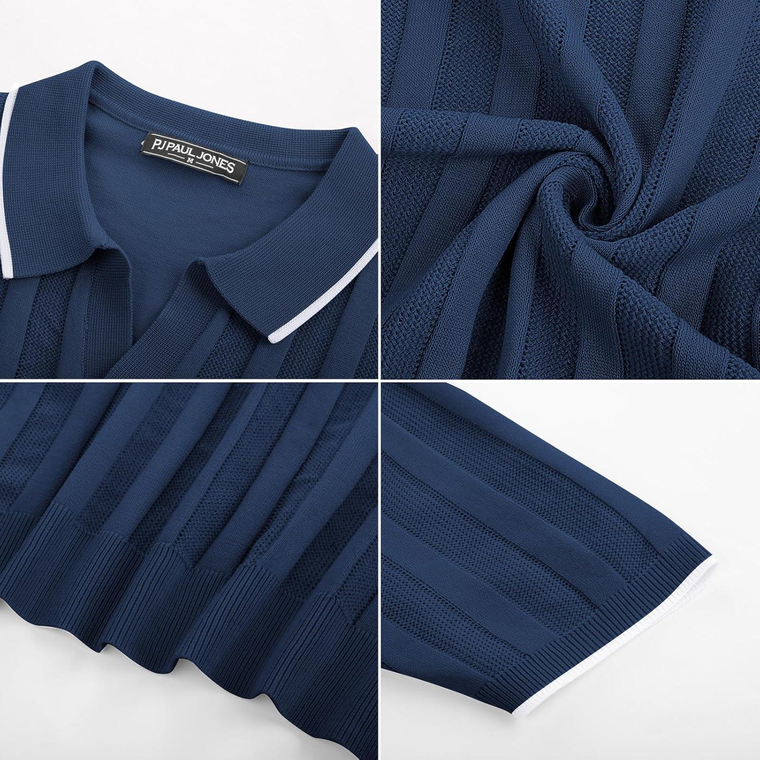 imagePJ PAUL JONES Mens Polo Shirts Regular Fit Textured VNeck Knit Golf PolosNavy Blue Contrast