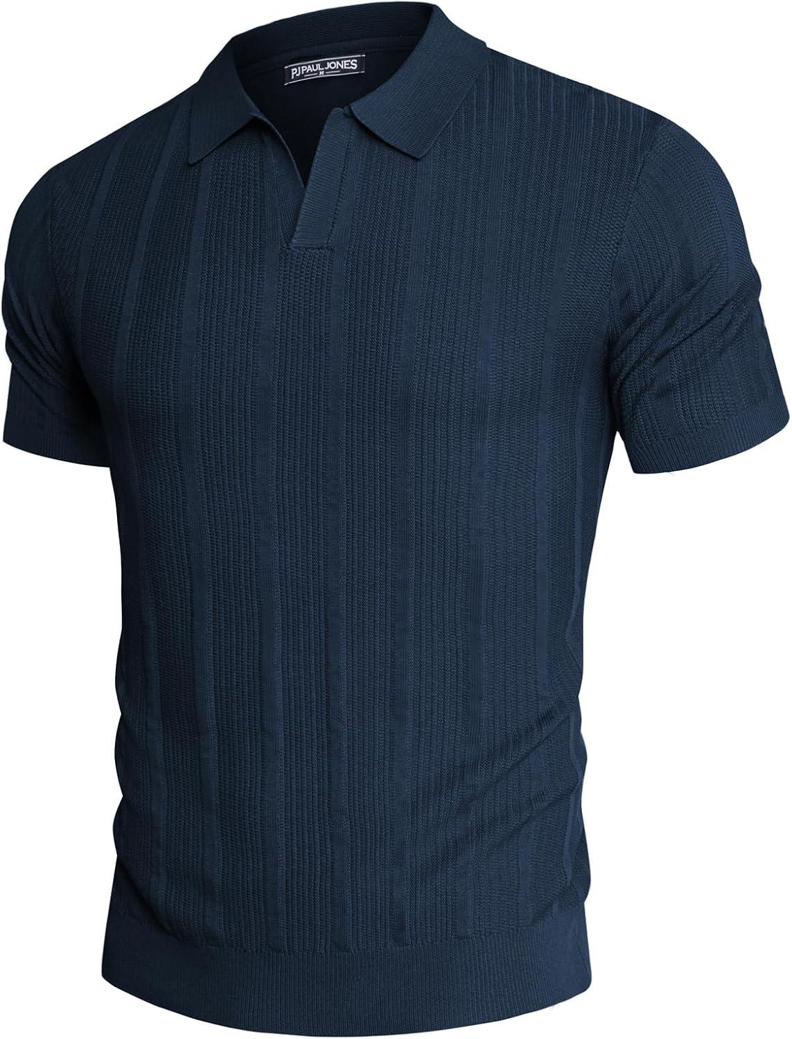 imagePJ PAUL JONES Mens Polo Shirts Regular Fit Textured VNeck Knit Golf PolosRoyal Blue