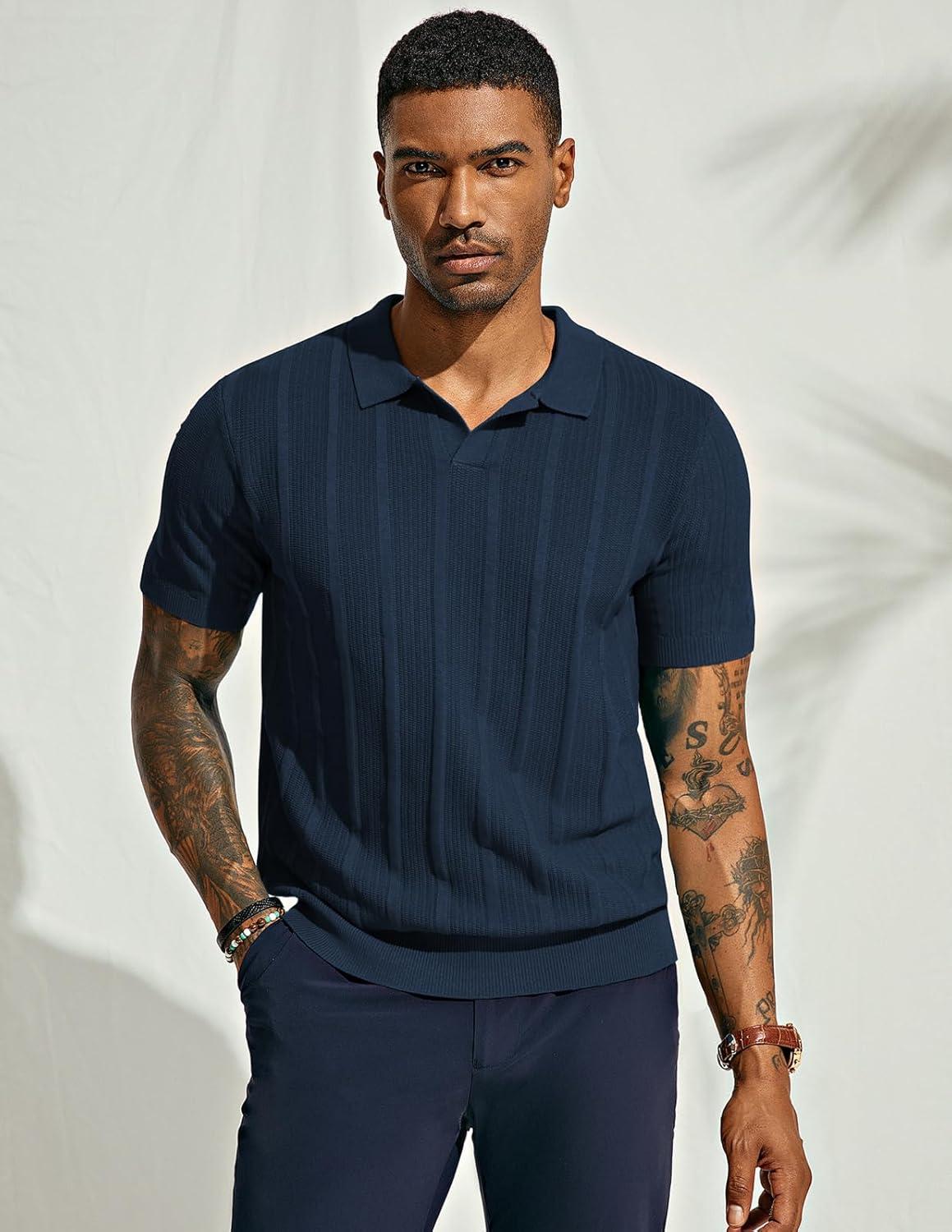 imagePJ PAUL JONES Mens Polo Shirts Regular Fit Textured VNeck Knit Golf PolosRoyal Blue