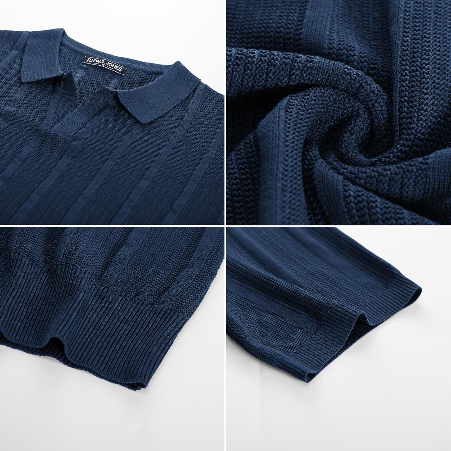imagePJ PAUL JONES Mens Polo Shirts Regular Fit Textured VNeck Knit Golf PolosRoyal Blue