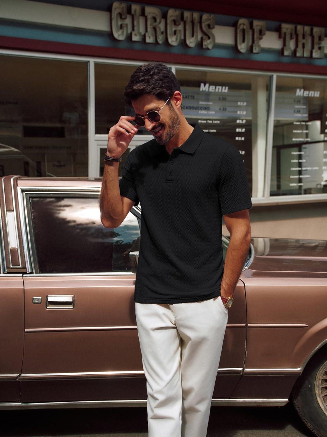 imagePJ PAUL JONES Mens Polo Shirts Short Sleeve Casual Collared Shirts Textured Stretchy Golf ShirtsBlack