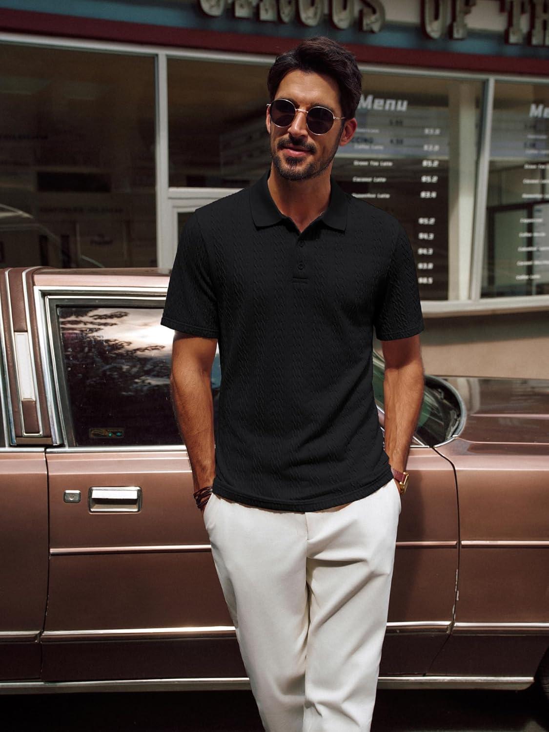 imagePJ PAUL JONES Mens Polo Shirts Short Sleeve Casual Collared Shirts Textured Stretchy Golf ShirtsBlack