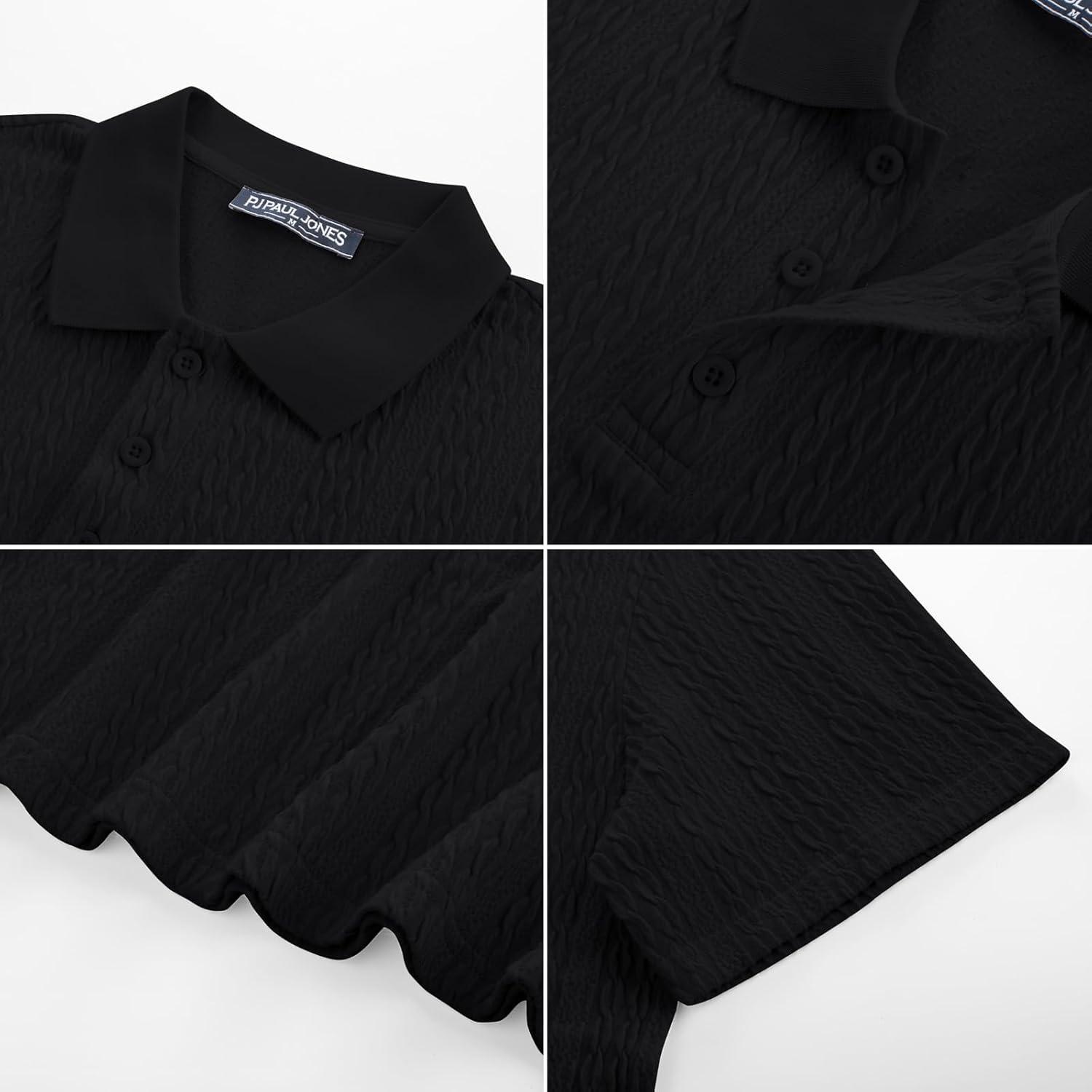 imagePJ PAUL JONES Mens Polo Shirts Short Sleeve Casual Collared Shirts Textured Stretchy Golf ShirtsBlack
