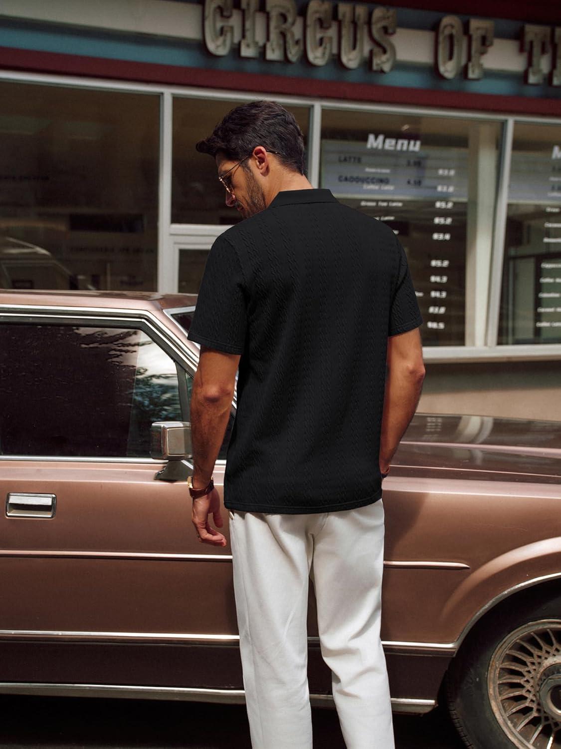 imagePJ PAUL JONES Mens Polo Shirts Short Sleeve Casual Collared Shirts Textured Stretchy Golf ShirtsBlack