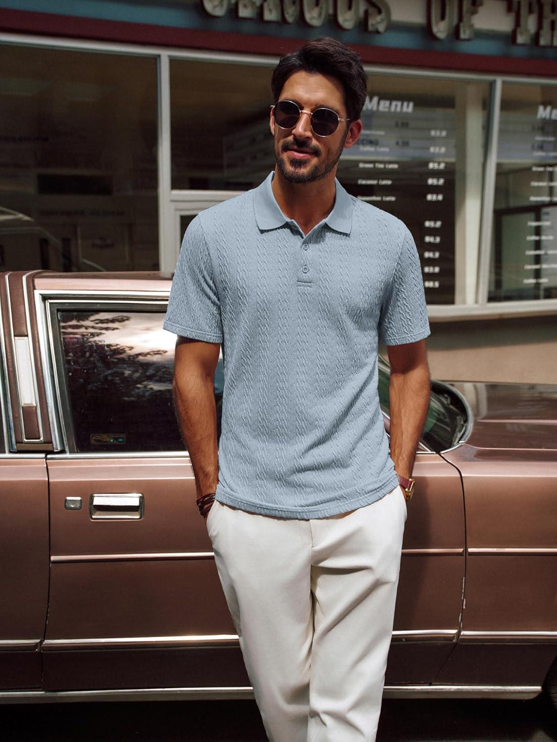 imagePJ PAUL JONES Mens Polo Shirts Short Sleeve Casual Collared Shirts Textured Stretchy Golf ShirtsBlue Gray