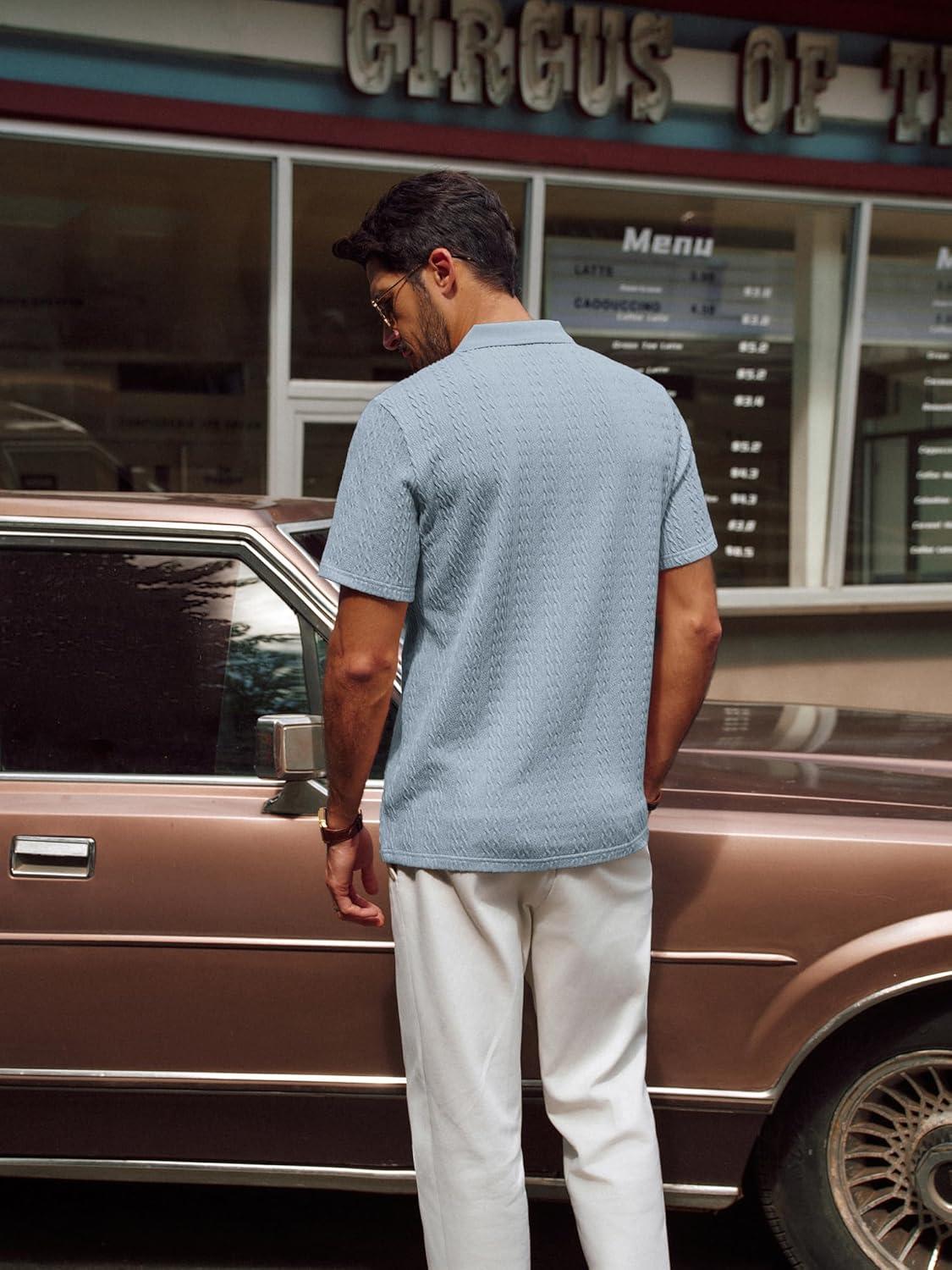 imagePJ PAUL JONES Mens Polo Shirts Short Sleeve Casual Collared Shirts Textured Stretchy Golf ShirtsBlue Gray