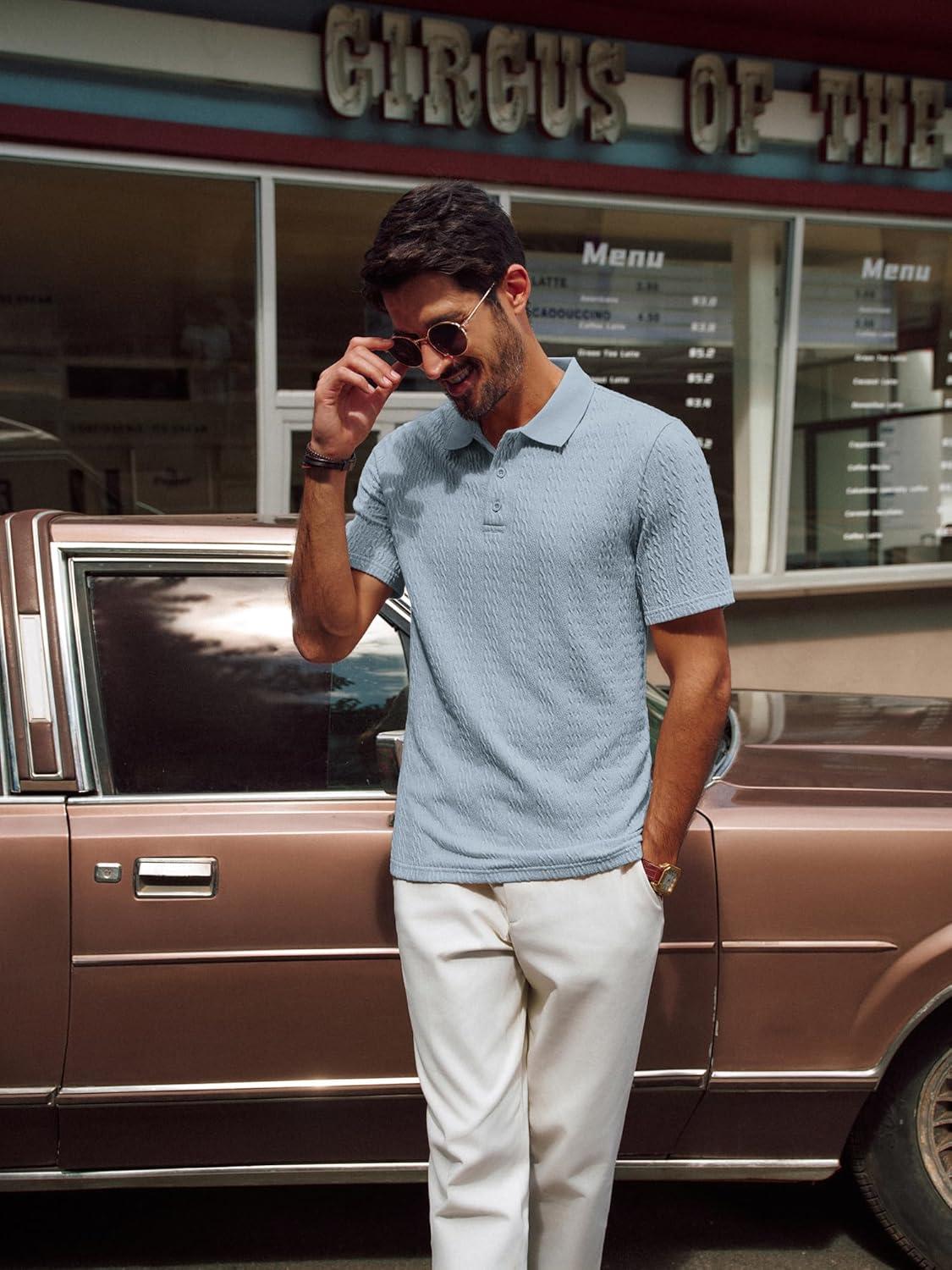 imagePJ PAUL JONES Mens Polo Shirts Short Sleeve Casual Collared Shirts Textured Stretchy Golf ShirtsBlue Gray