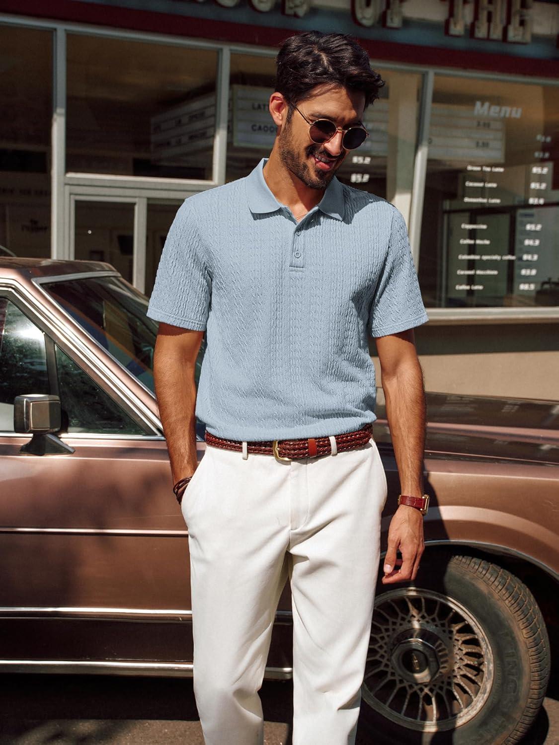 imagePJ PAUL JONES Mens Polo Shirts Short Sleeve Casual Collared Shirts Textured Stretchy Golf ShirtsBlue Gray