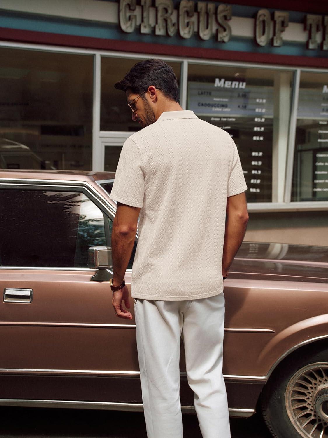 imagePJ PAUL JONES Mens Polo Shirts Short Sleeve Casual Collared Shirts Textured Stretchy Golf ShirtsLight Apricot