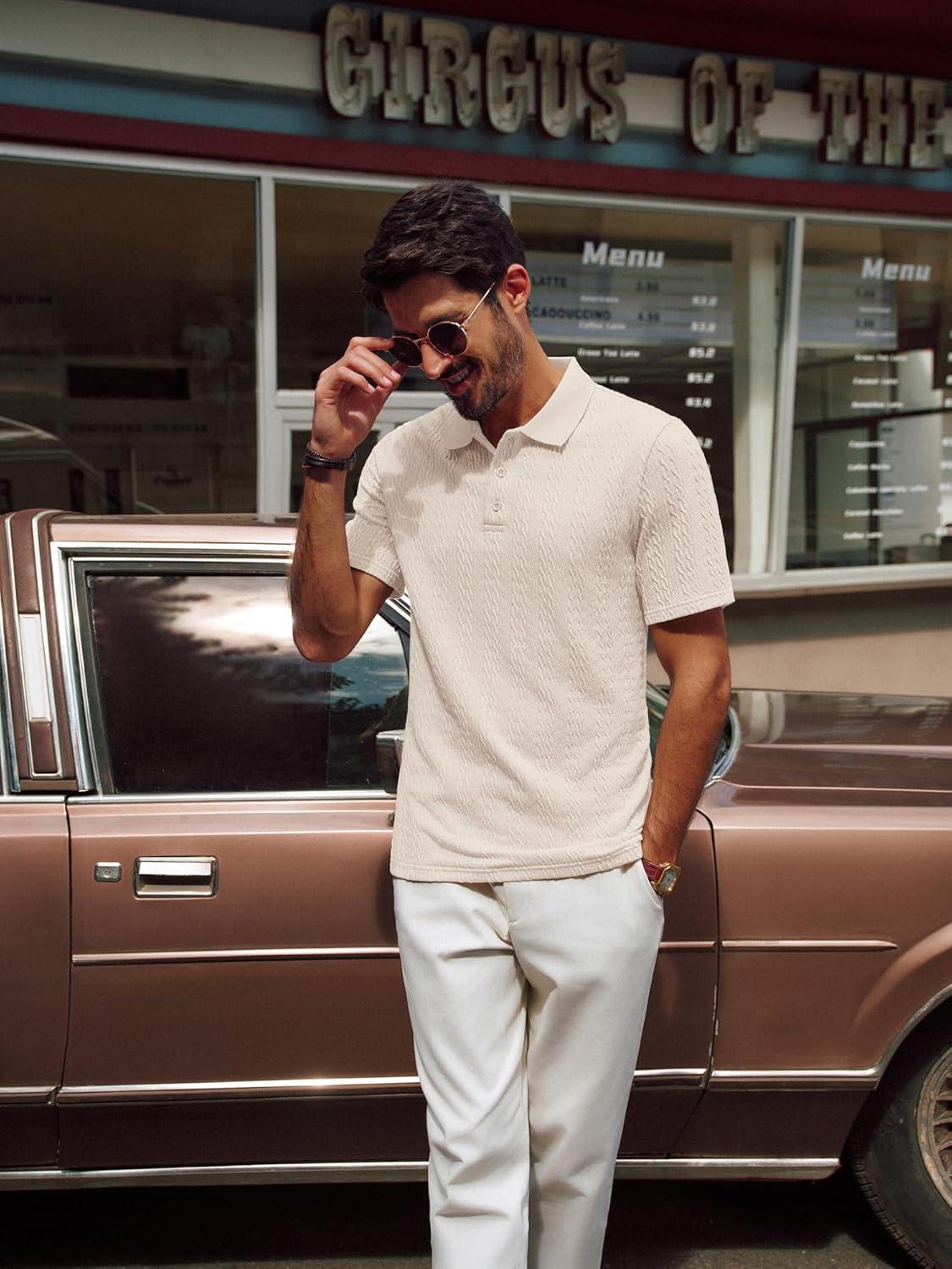 imagePJ PAUL JONES Mens Polo Shirts Short Sleeve Casual Collared Shirts Textured Stretchy Golf ShirtsLight Apricot