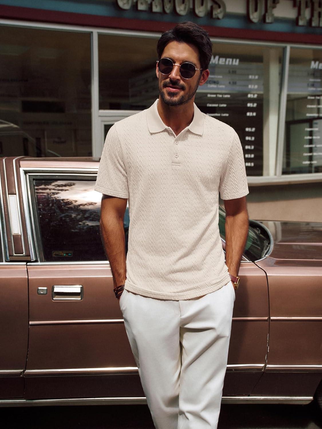 imagePJ PAUL JONES Mens Polo Shirts Short Sleeve Casual Collared Shirts Textured Stretchy Golf ShirtsLight Apricot