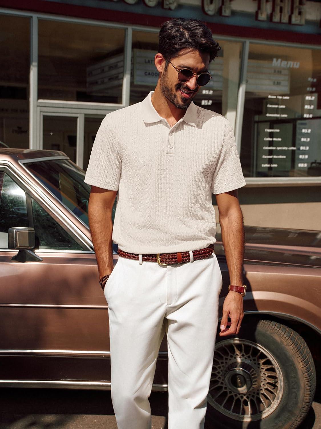 imagePJ PAUL JONES Mens Polo Shirts Short Sleeve Casual Collared Shirts Textured Stretchy Golf ShirtsLight Apricot