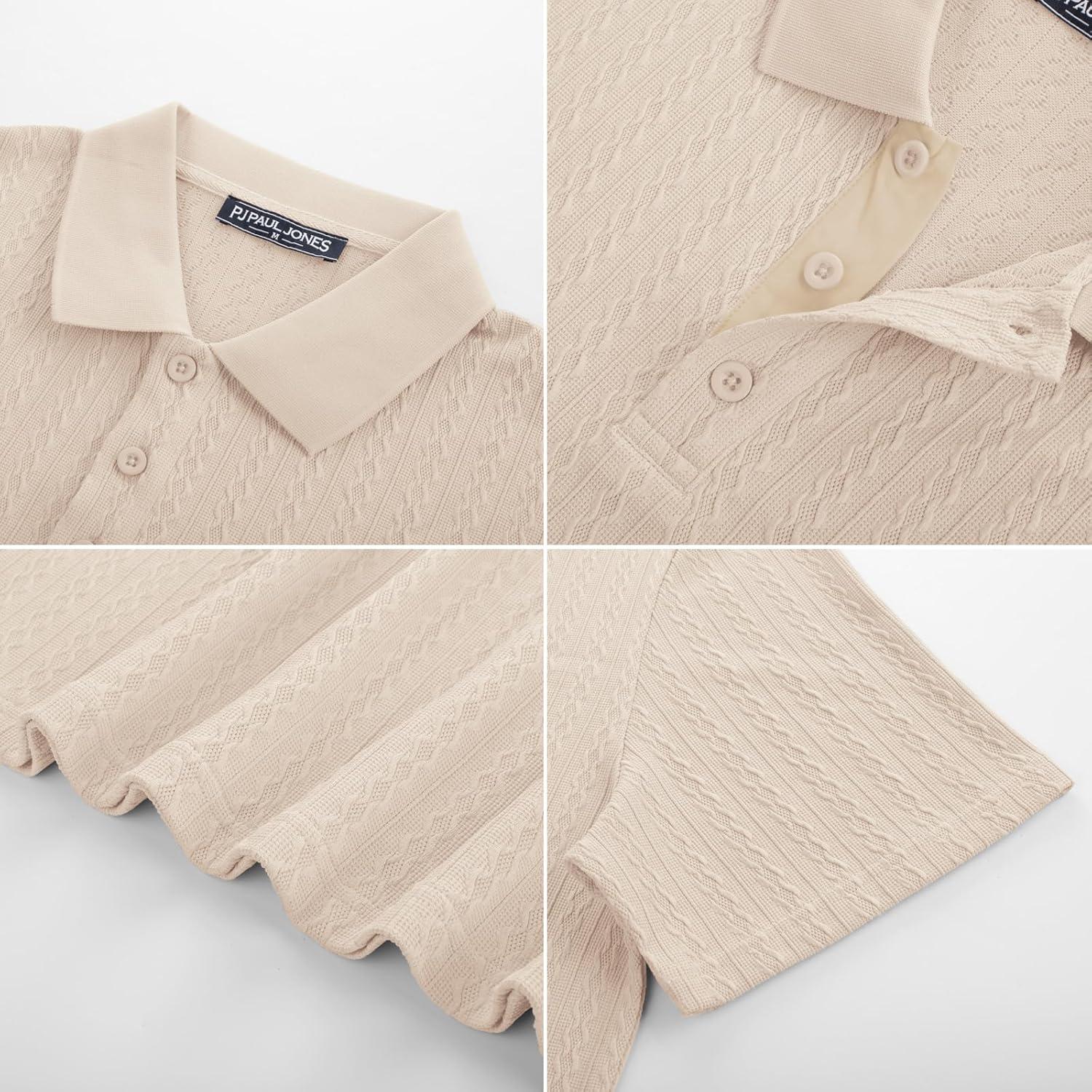 imagePJ PAUL JONES Mens Polo Shirts Short Sleeve Textured Polo T Shirt Summer Casual Knitted Golf ShirtApricot
