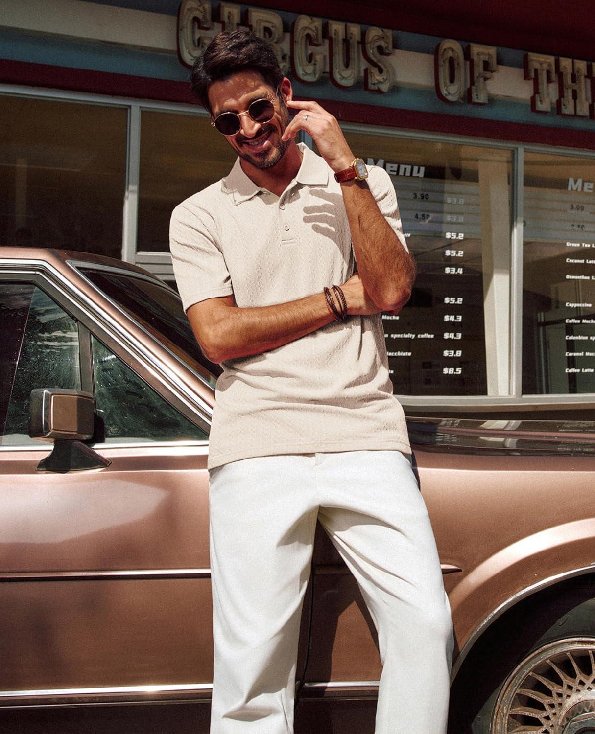 imagePJ PAUL JONES Mens Polo Shirts Short Sleeve Textured Polo T Shirt Summer Casual Knitted Golf ShirtApricot