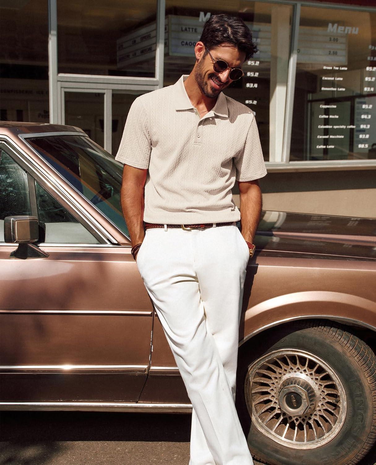 imagePJ PAUL JONES Mens Polo Shirts Short Sleeve Textured Polo T Shirt Summer Casual Knitted Golf ShirtApricot