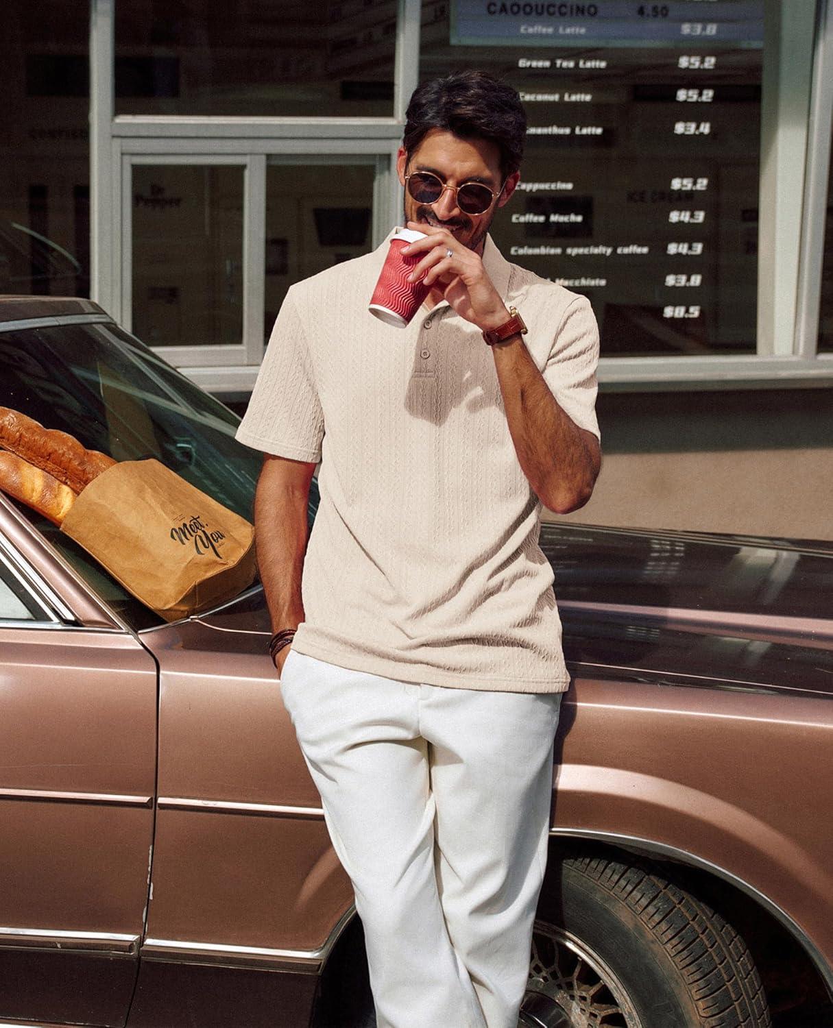 imagePJ PAUL JONES Mens Polo Shirts Short Sleeve Textured Polo T Shirt Summer Casual Knitted Golf ShirtApricot