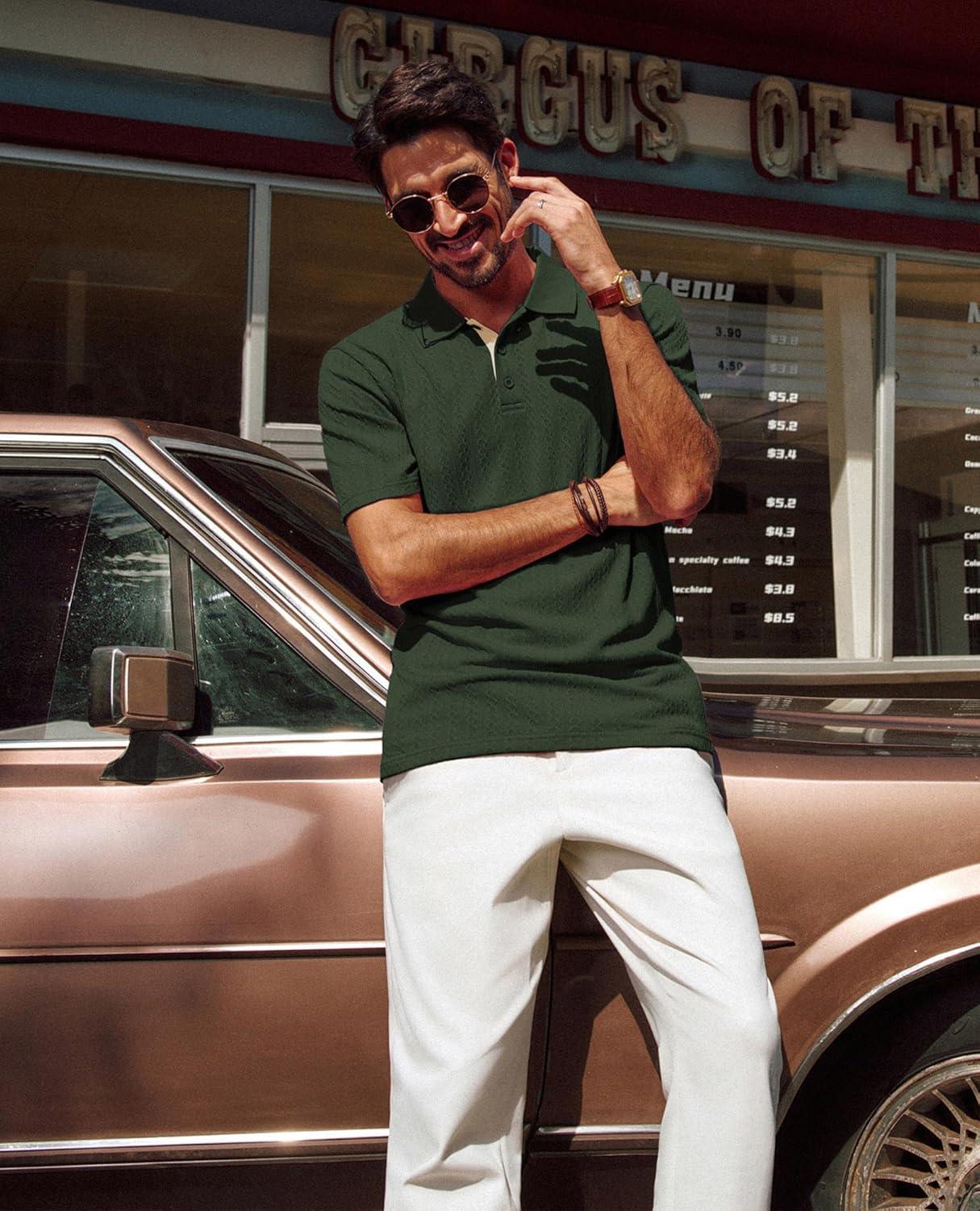 imagePJ PAUL JONES Mens Polo Shirts Short Sleeve Textured Polo T Shirt Summer Casual Knitted Golf ShirtArmy Green