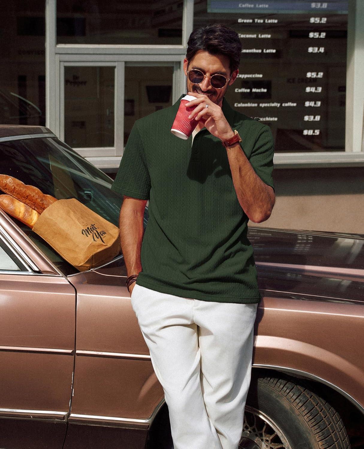 imagePJ PAUL JONES Mens Polo Shirts Short Sleeve Textured Polo T Shirt Summer Casual Knitted Golf ShirtArmy Green