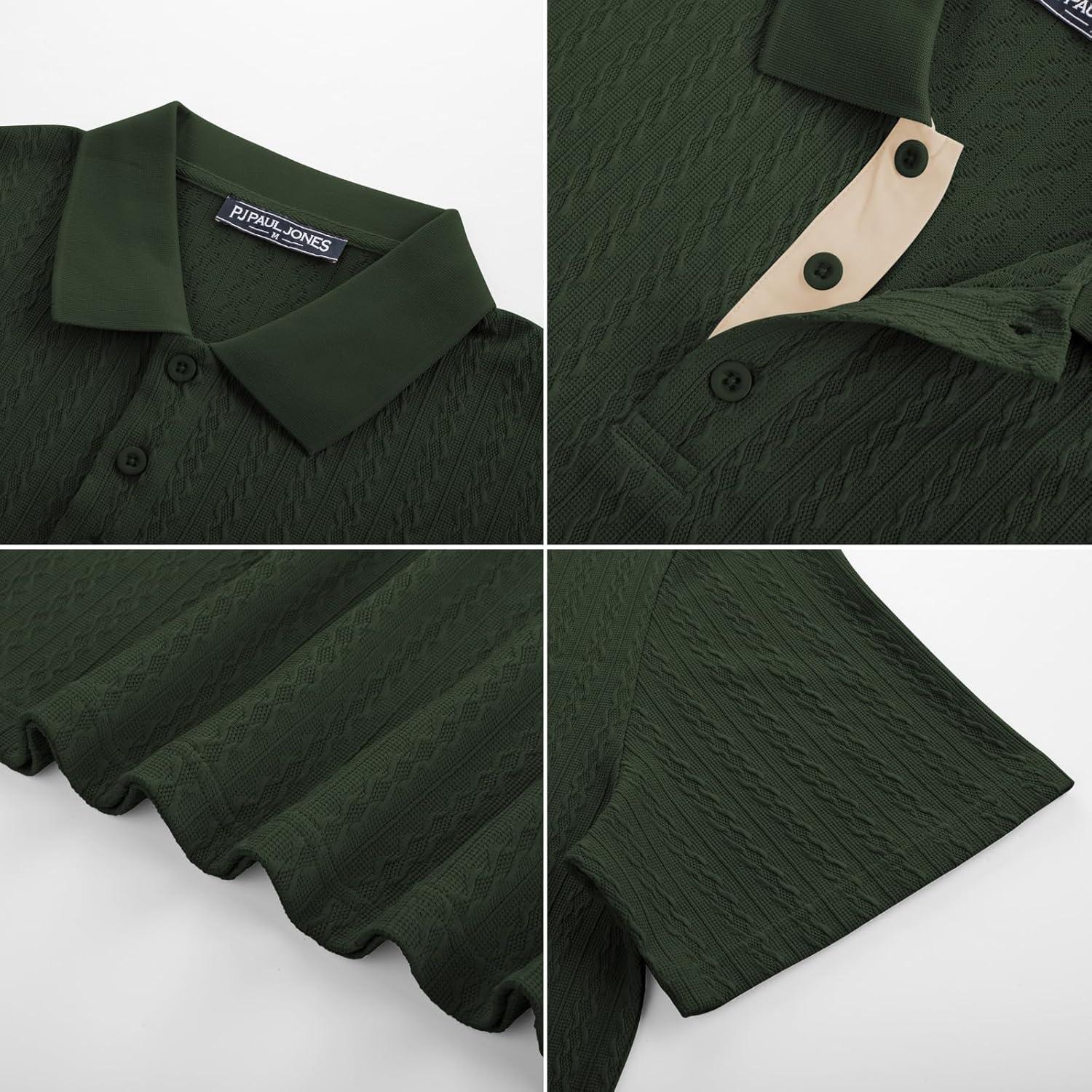 imagePJ PAUL JONES Mens Polo Shirts Short Sleeve Textured Polo T Shirt Summer Casual Knitted Golf ShirtArmy Green