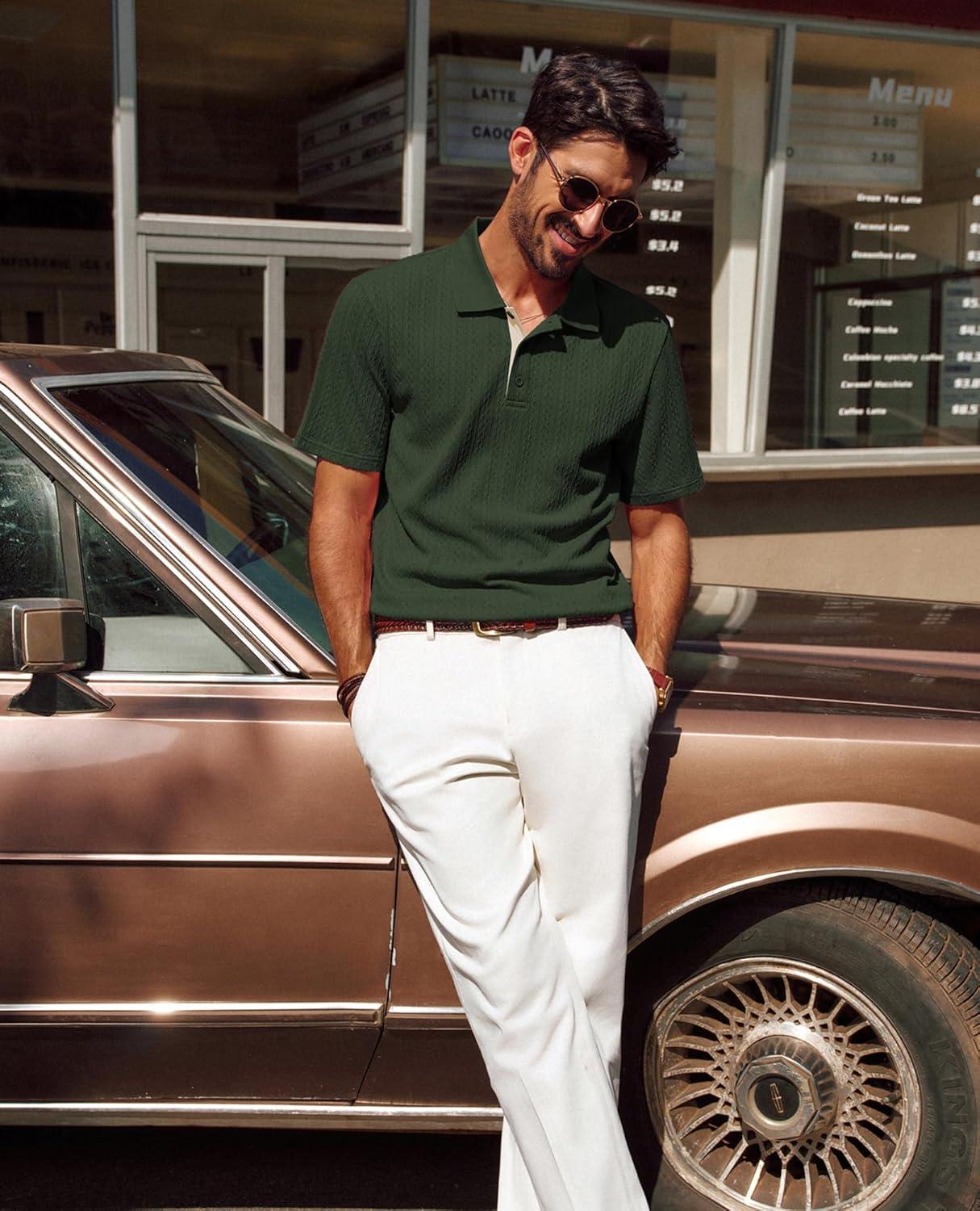 imagePJ PAUL JONES Mens Polo Shirts Short Sleeve Textured Polo T Shirt Summer Casual Knitted Golf ShirtArmy Green