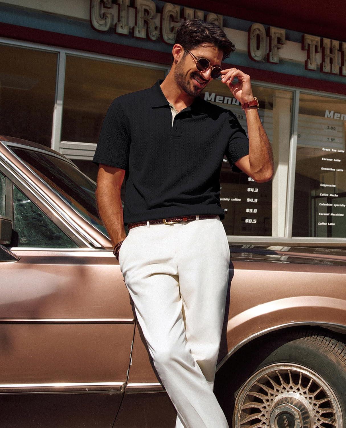 imagePJ PAUL JONES Mens Polo Shirts Short Sleeve Textured Polo T Shirt Summer Casual Knitted Golf ShirtBlack