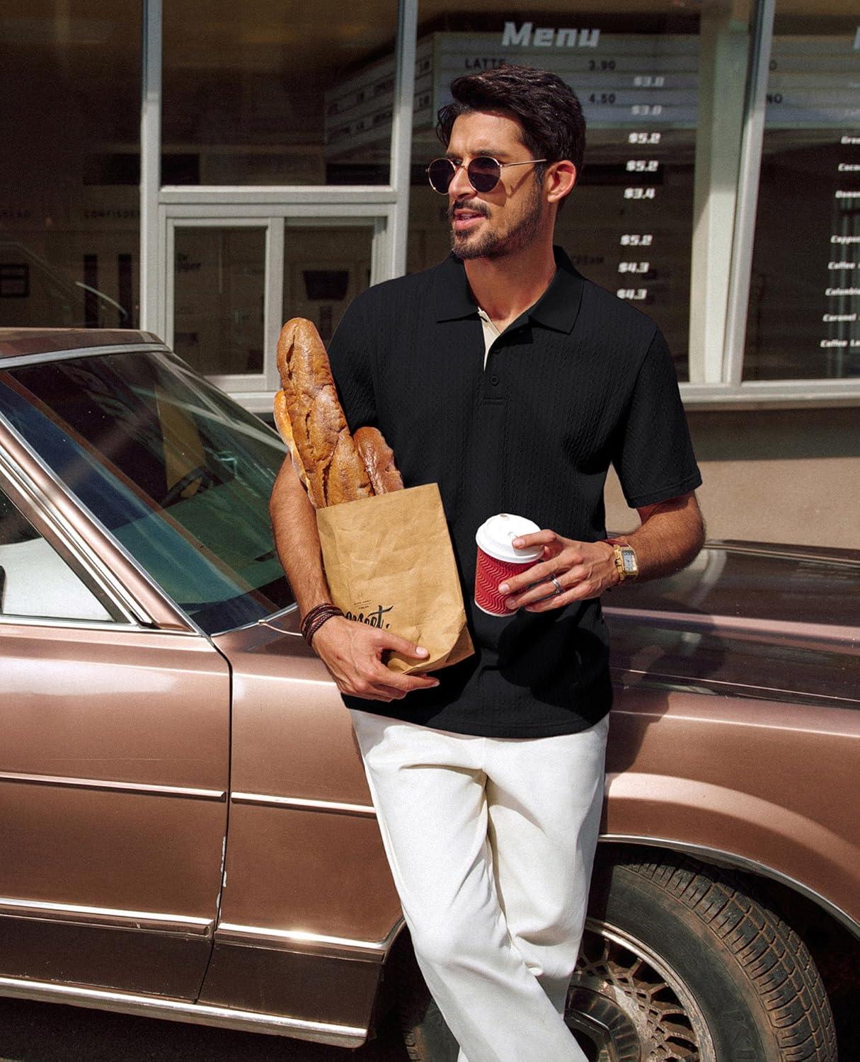 imagePJ PAUL JONES Mens Polo Shirts Short Sleeve Textured Polo T Shirt Summer Casual Knitted Golf ShirtBlack