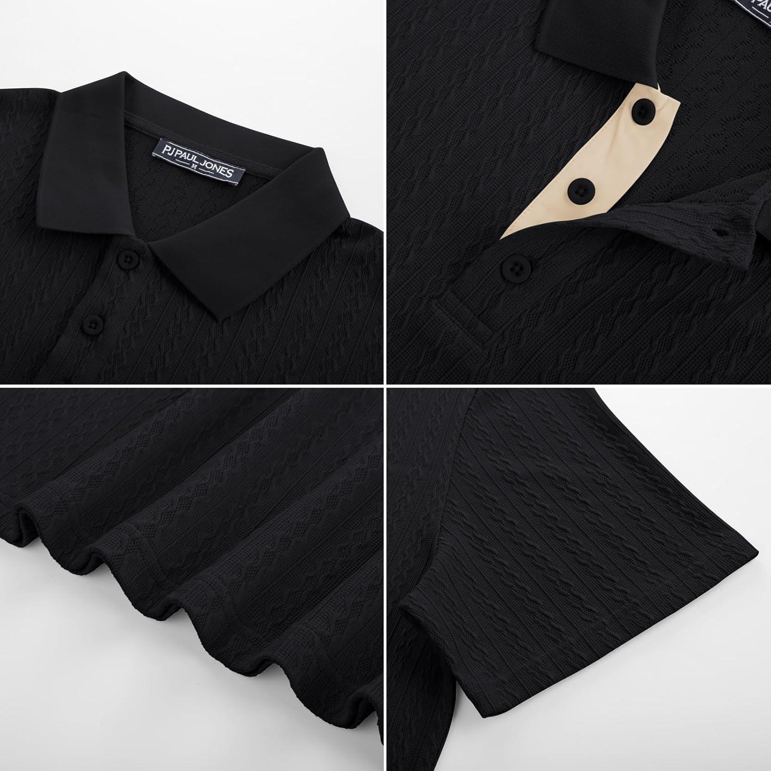 imagePJ PAUL JONES Mens Polo Shirts Short Sleeve Textured Polo T Shirt Summer Casual Knitted Golf ShirtBlack