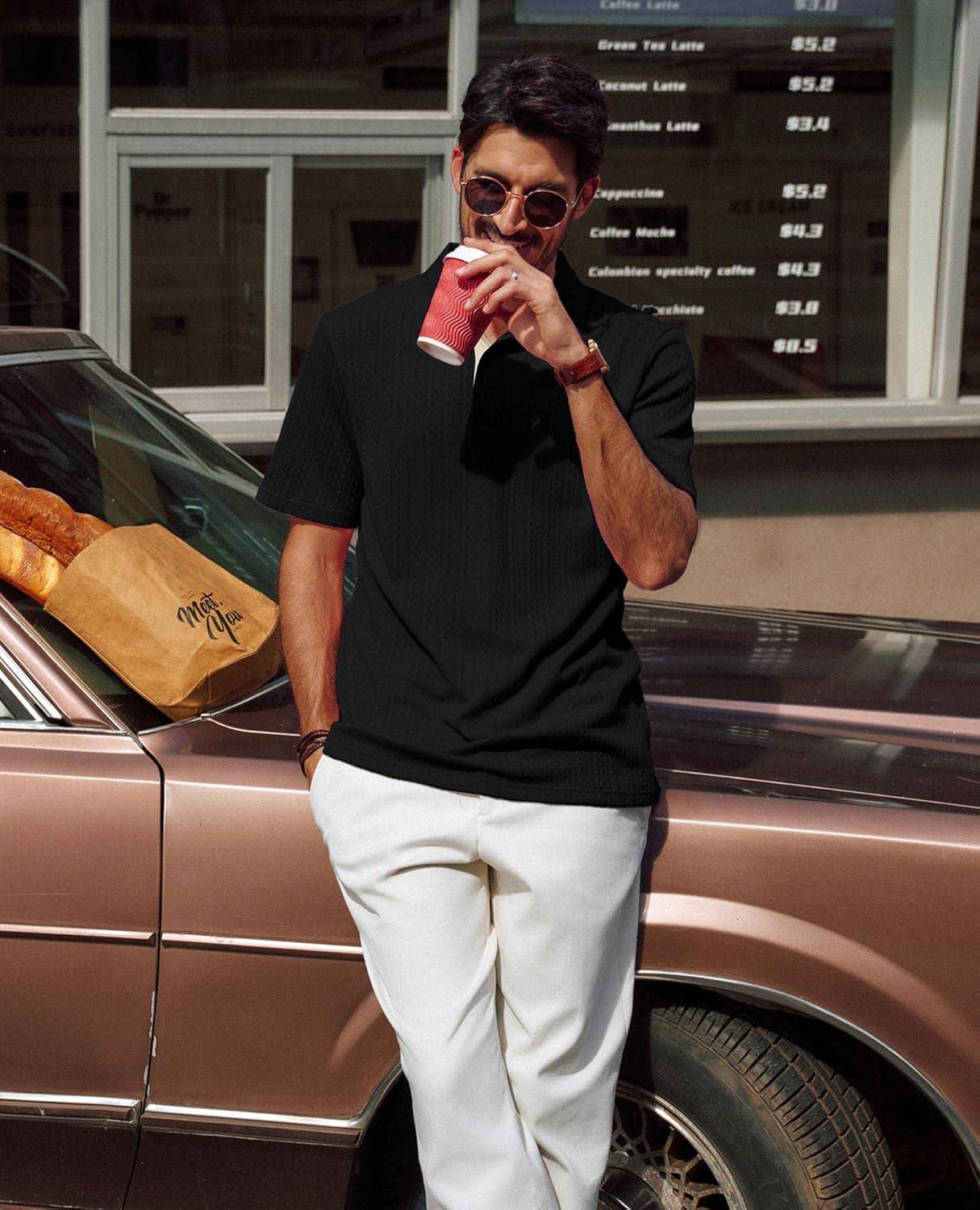 imagePJ PAUL JONES Mens Polo Shirts Short Sleeve Textured Polo T Shirt Summer Casual Knitted Golf ShirtBlack