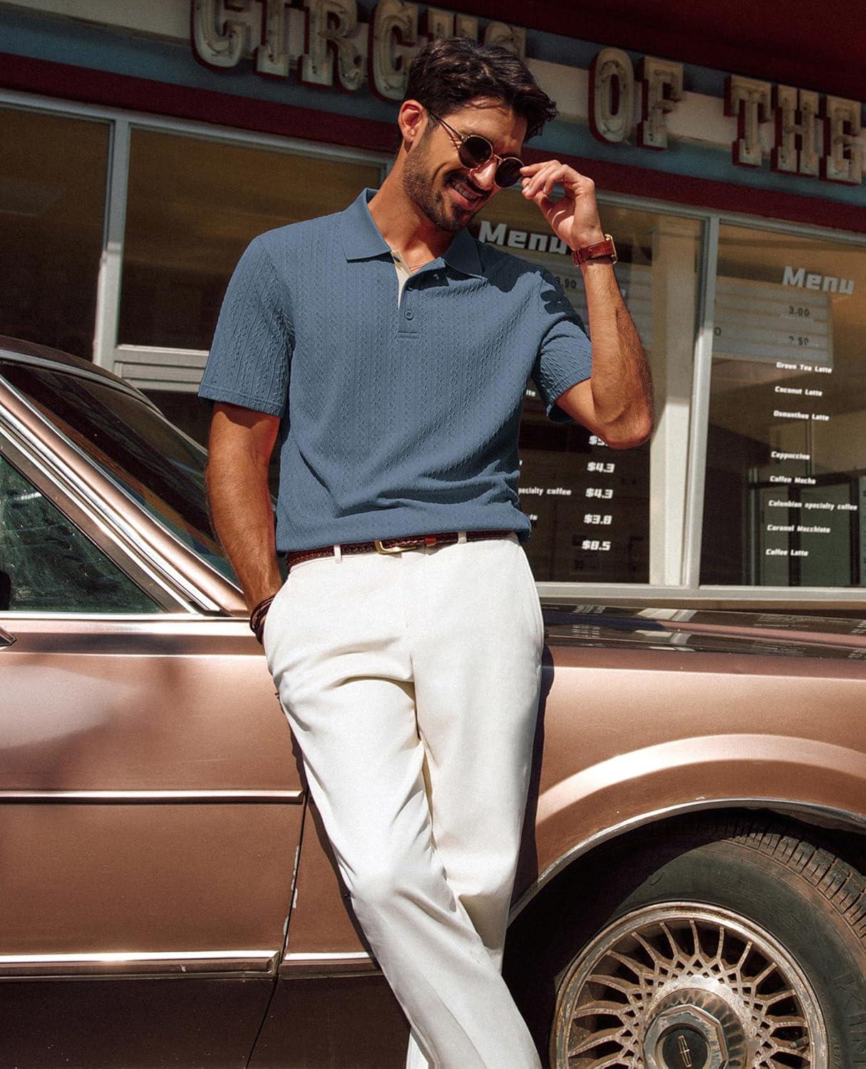 imagePJ PAUL JONES Mens Polo Shirts Short Sleeve Textured Polo T Shirt Summer Casual Knitted Golf ShirtDark Blue