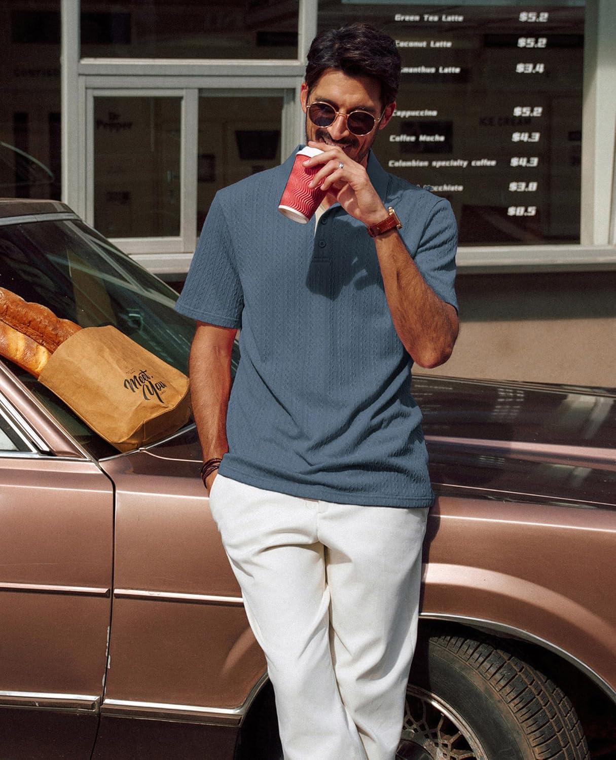 imagePJ PAUL JONES Mens Polo Shirts Short Sleeve Textured Polo T Shirt Summer Casual Knitted Golf ShirtDark Blue