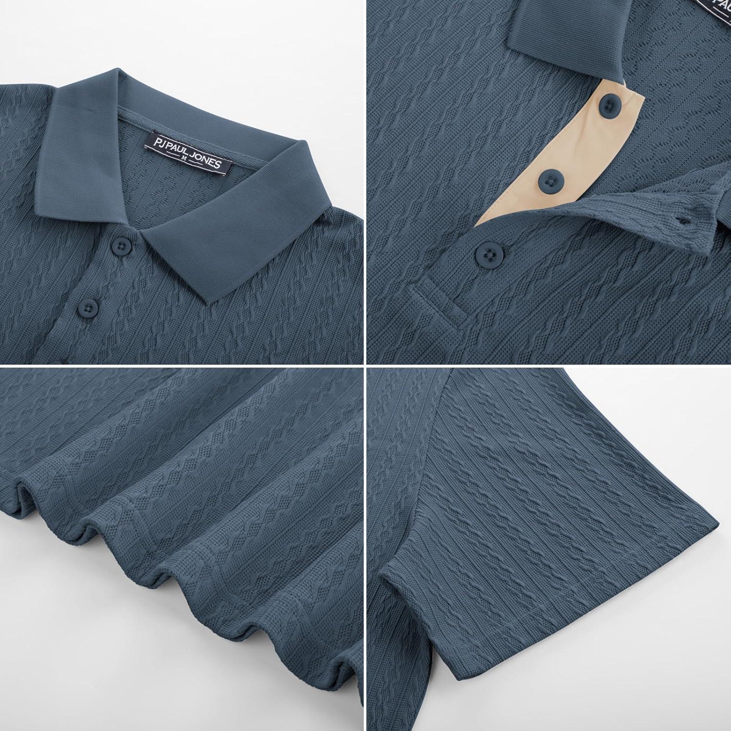 imagePJ PAUL JONES Mens Polo Shirts Short Sleeve Textured Polo T Shirt Summer Casual Knitted Golf ShirtDark Blue