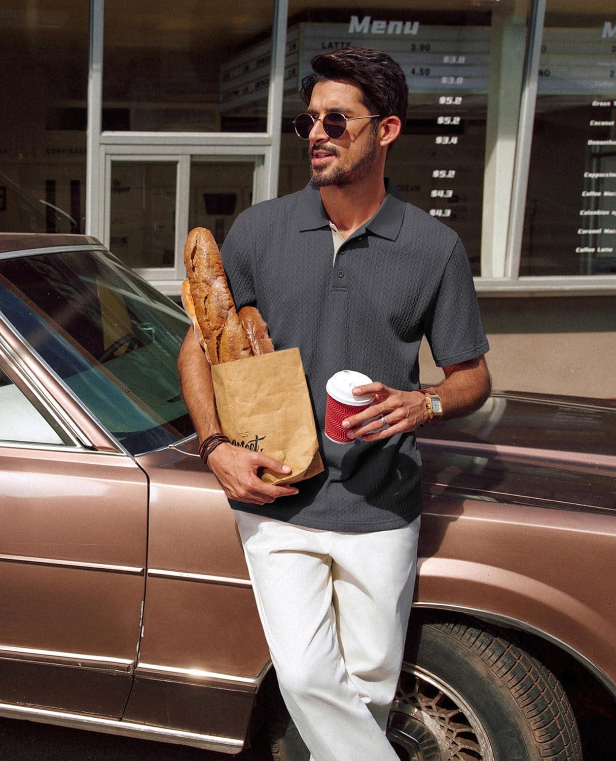 imagePJ PAUL JONES Mens Polo Shirts Short Sleeve Textured Polo T Shirt Summer Casual Knitted Golf ShirtDark Gray