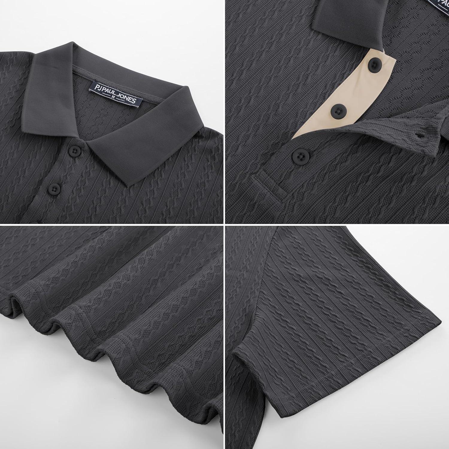 imagePJ PAUL JONES Mens Polo Shirts Short Sleeve Textured Polo T Shirt Summer Casual Knitted Golf ShirtDark Gray